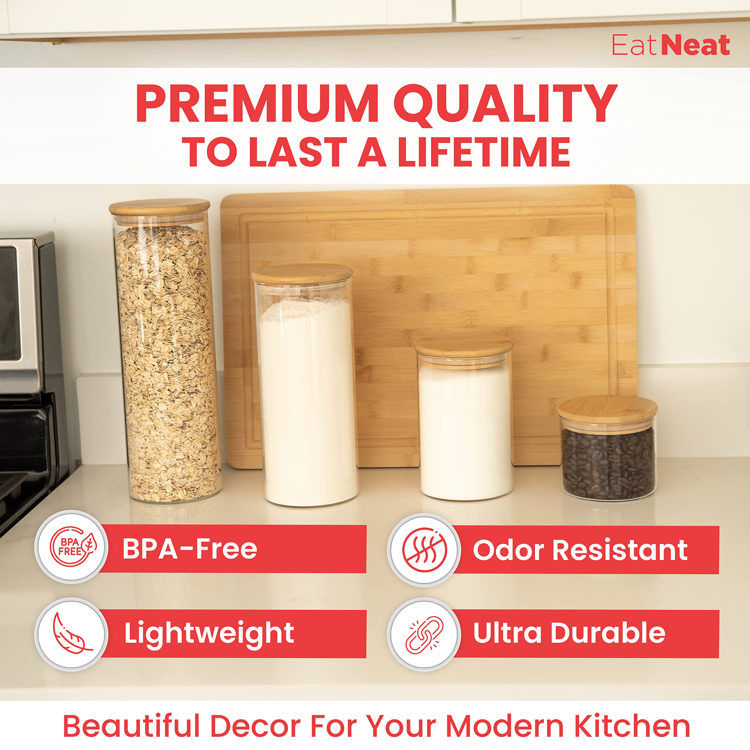EatNeat 4-Piece Glass Canister Set with Airtight Bamboo Lids - Clear Kitchen Storage Containers for Flour, Sugar, Coffee & Dry Food - Modern Pantry Organization Jars - Natural Finish Countertop Decor for Home & Restaurant Use