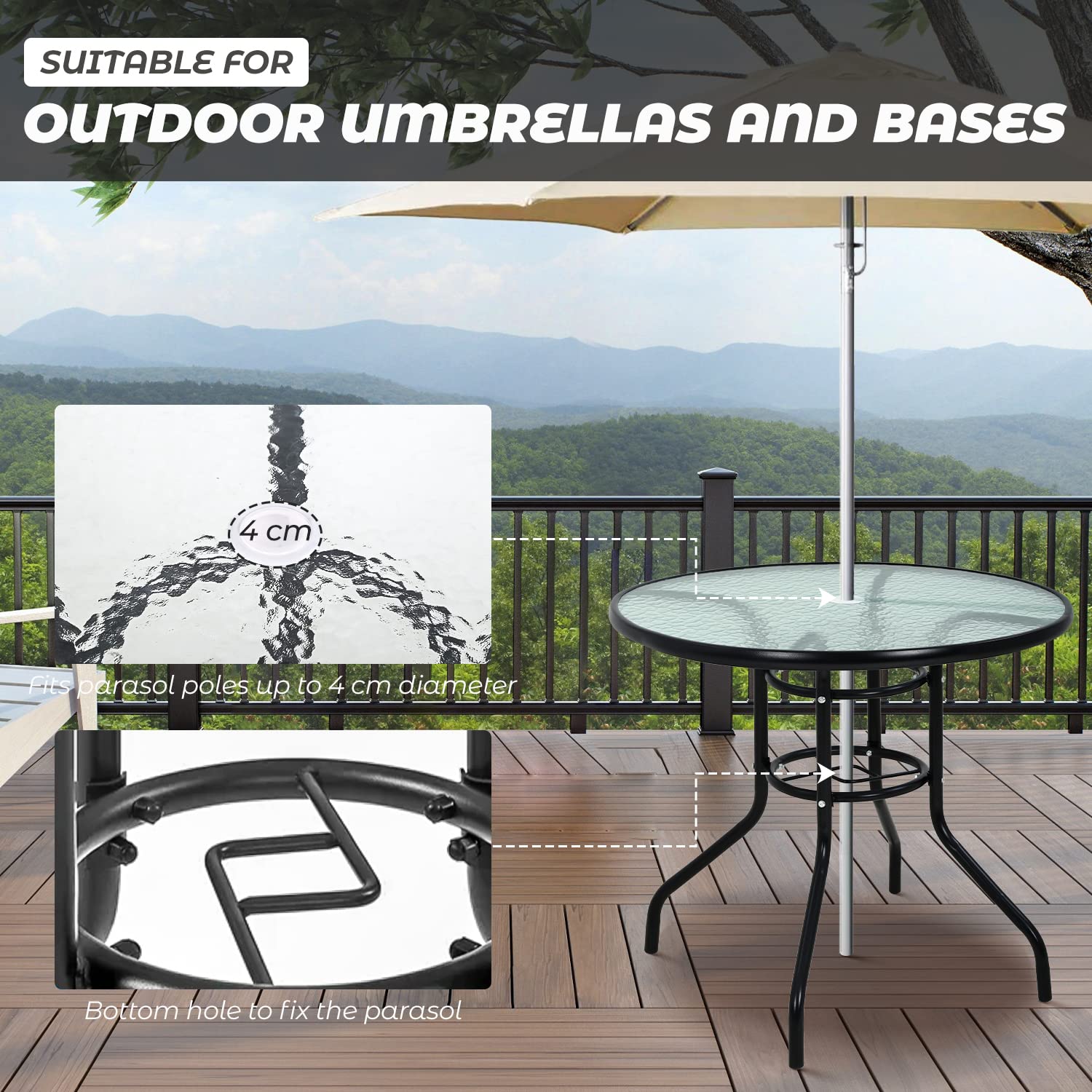 Outdoor Bistro Table with Umbrella Hole - Small Patio Dining Set, All-Weather Tempered Glass Top, Perfect for Balcony, Garden, or Backyard Conversations