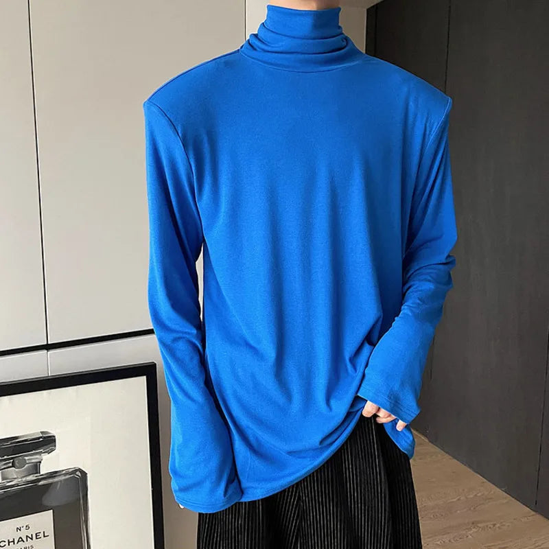 Men's Autumn Slim Fit Turtleneck Long Sleeve Pullover Top with Solid Collar & Shoulder Pads - Solid Color Casual Shirt 9A2222 for Work, Dating & Fall Outfits