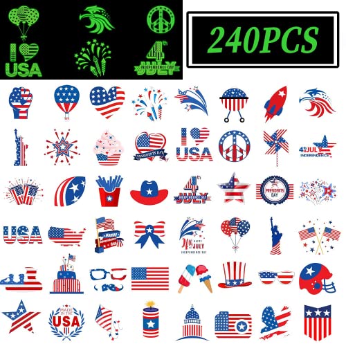 240PCS Patriotic Glow in the Dark Tattoos for Kids - 48 Unique 4th of July Designs - Independence Day Party Favors & Decorations - Perfect for Independence Day Celebrations, Backyard BBQs, and Patriotic Events