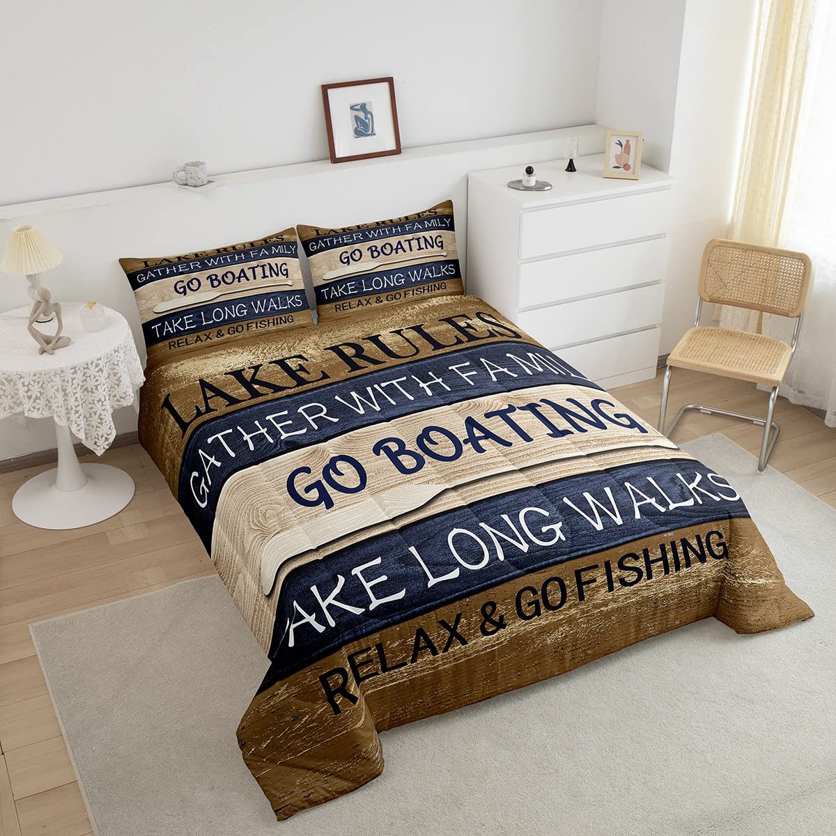 Boys' Lake House Comforter Set - 3 Piece Rustic Farmhouse Bedding with Quilted Duvet & Pillowcases, Twin Size Brown Wooden Theme - Perfect for Cozy Bedrooms, Cabin Retreats & Lakeside Homes