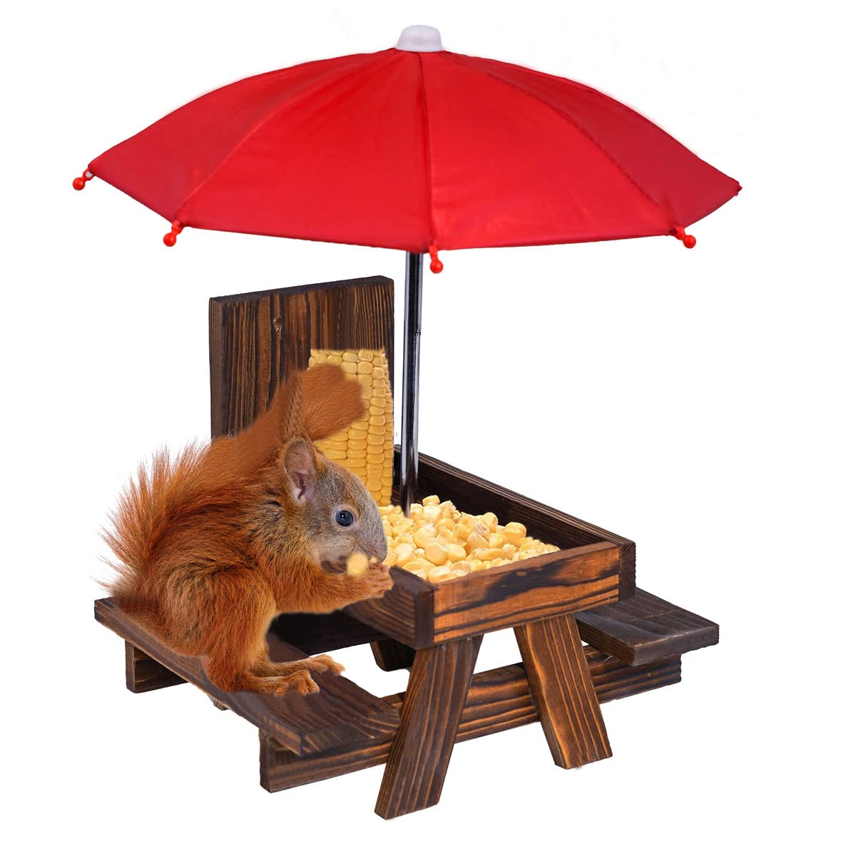 Premium Squirrel Feeder Picnic Table with Umbrella & Corn Holder - Outdoor Wildlife Feeding Station for Squirrels & Chipmunks - Perfect Garden Decor & Unique Gift for Animal Lovers - Ideal for Backyards, Parks & Nature Watching