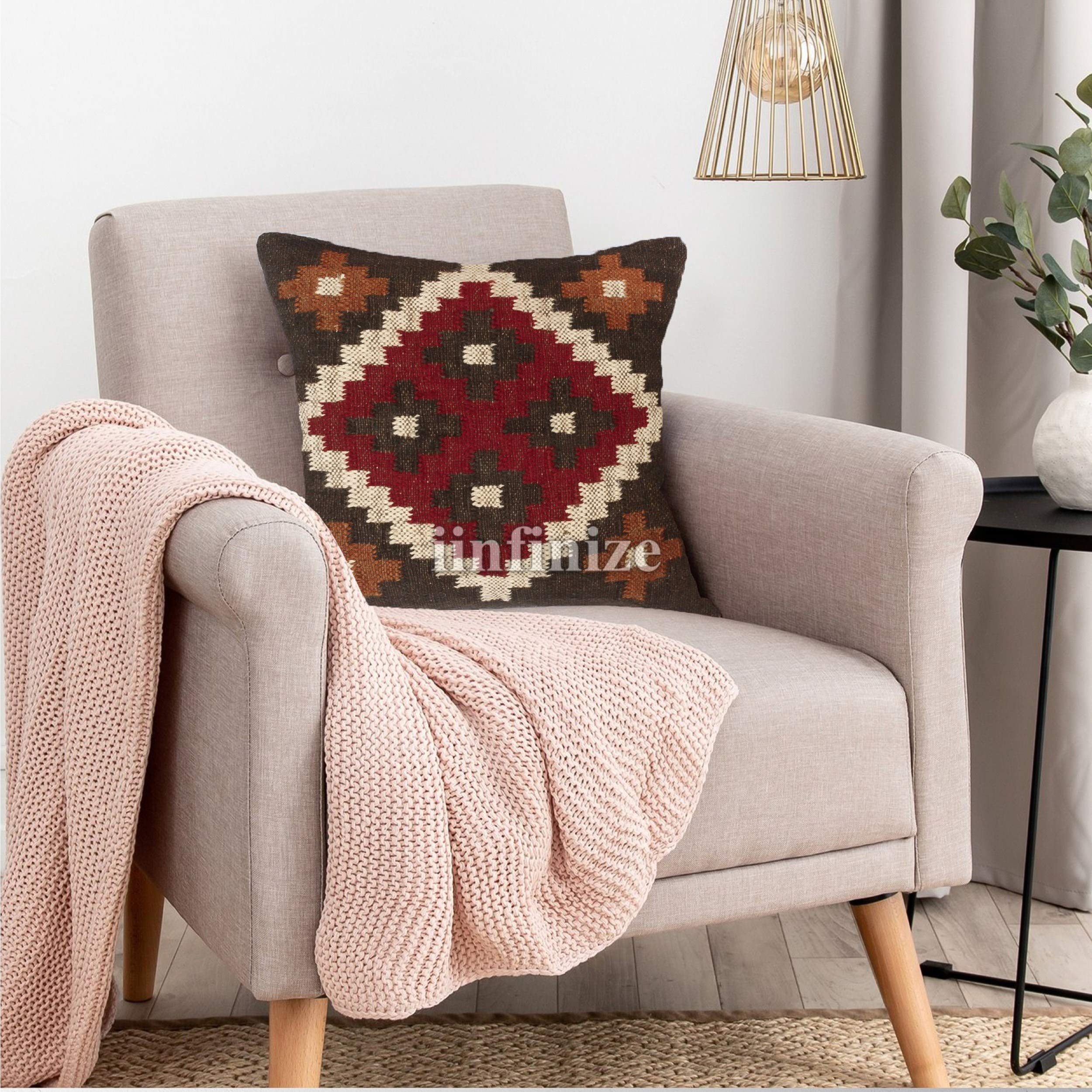 Vintage Hand Knotted Multicolor Square Kilim Pillow Covers 18x18 - Boho Chic Decorative Throw Pillow Cases for Sofa, Bed & Outdoor - Handwoven Jute Cushion Shams - Indian & Oriental Inspired Home Decor