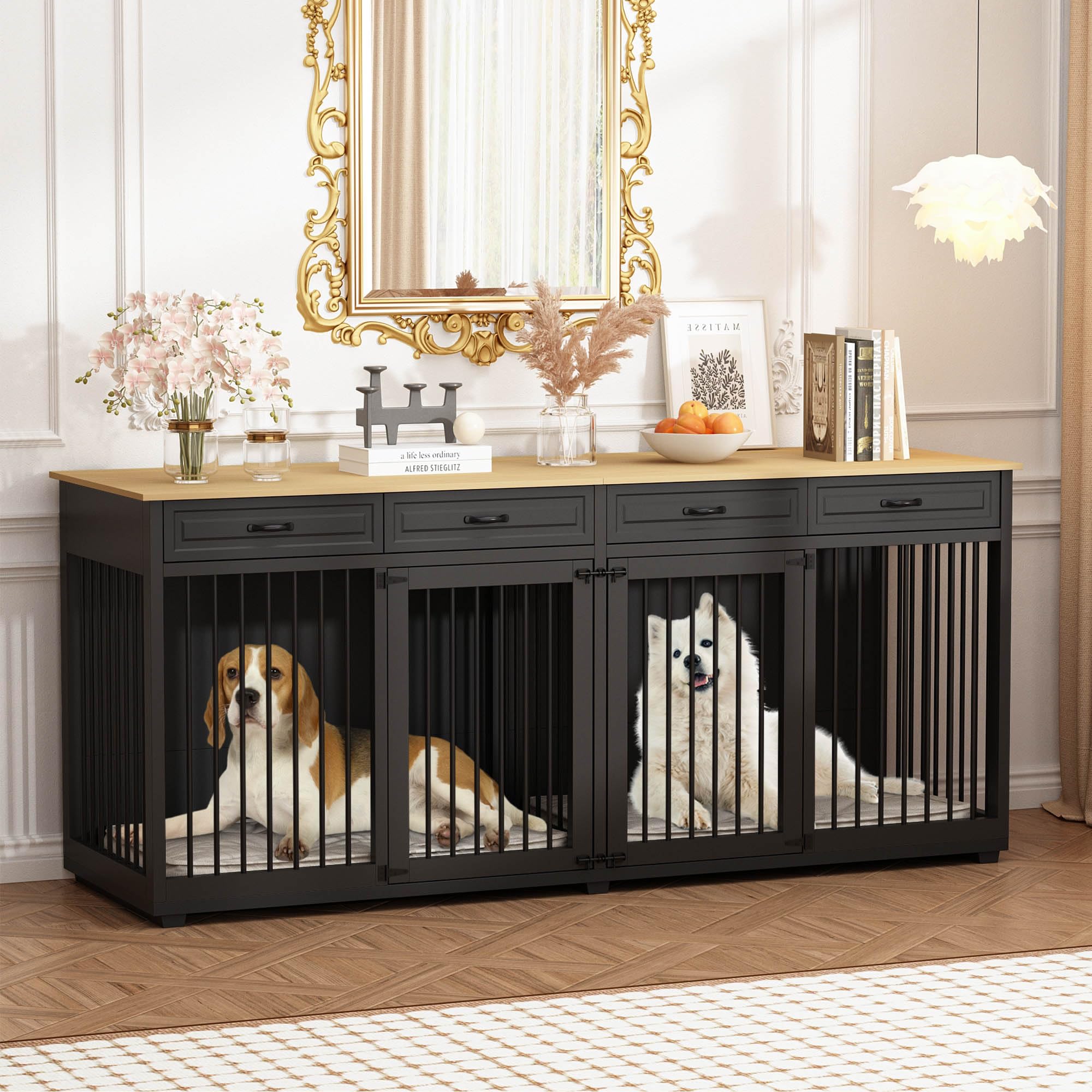86.6 Inch Large Dog Crate Furniture - Heavy Duty Wooden Dog Kennel with Drawers & Divider, Indoor Dog House with Double Rooms for Large Medium Small Dogs - Perfect for Living Room, Bedroom or Home Office (Black)