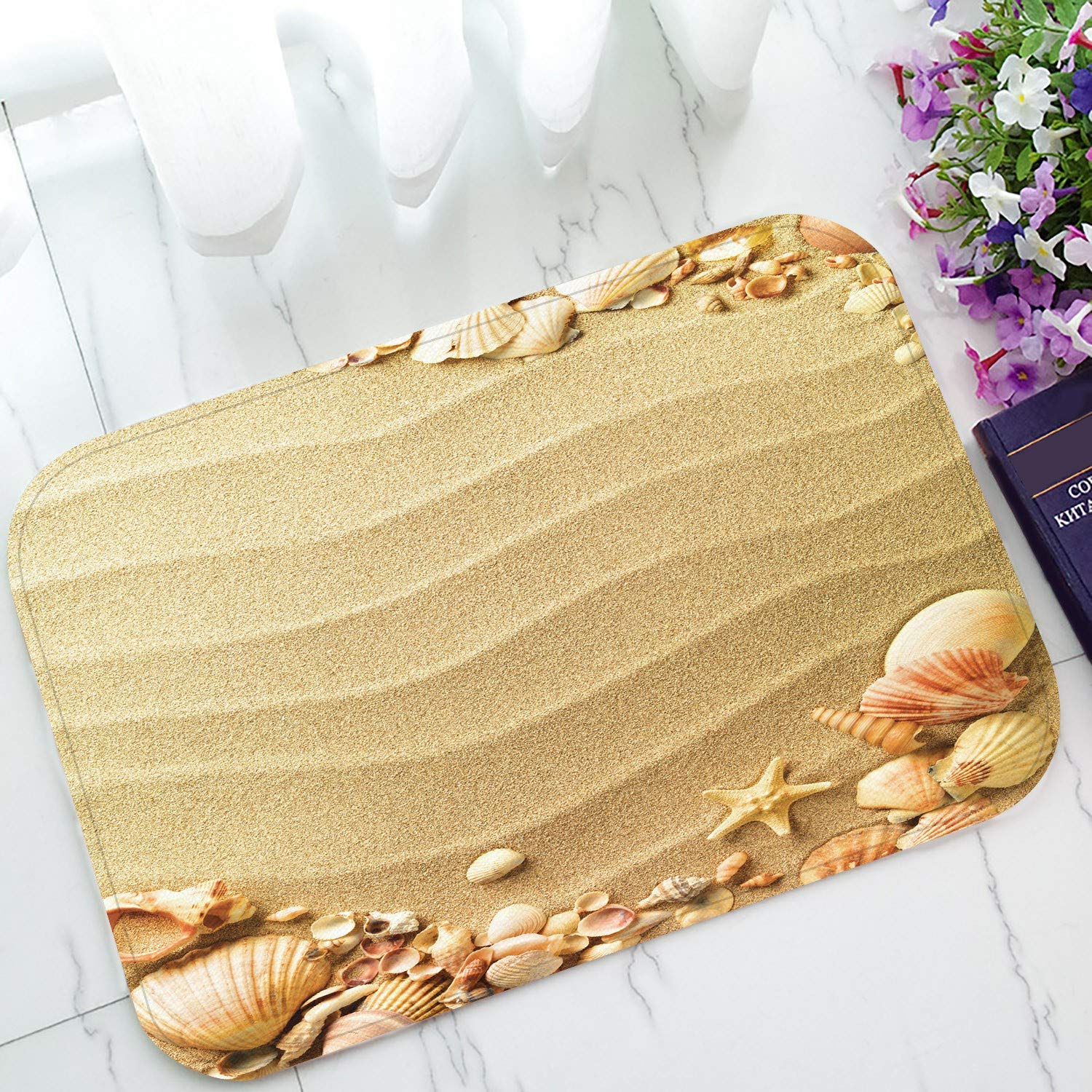 ECZJNT Natural Sea Shells with Sand Doormat - Non-Slip Bath & Entrance Rug - 23.6x15.7 Inch Coastal Decor for Beach House, Porch, or Bathroom Floor Mat