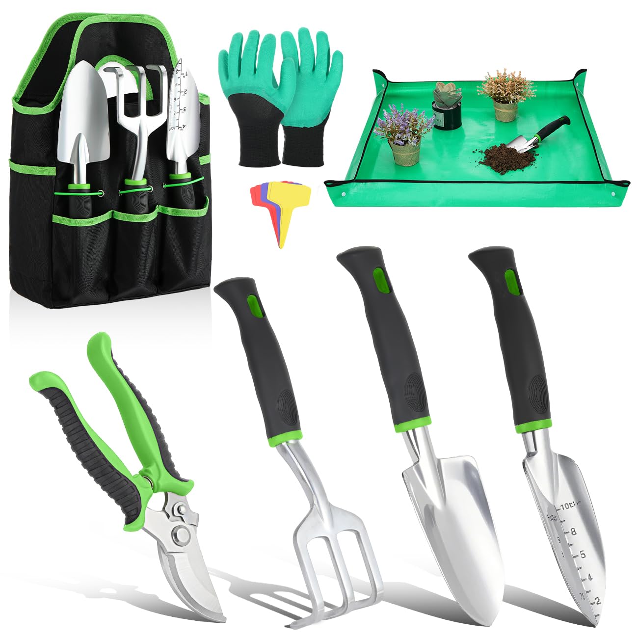**8PCS Heavy Duty Gardening Tools Set with Non-Slip Rubber Grip & Large Storage Bag - Aluminum Alloy Hand Tools for Planting, Weeding, Digging - Perfect Gardening Gifts for Women & Men (Green)**    *(Ideal for Home Gardens, Landscaping, Backyard Planting & Outdoor Yard Work)*