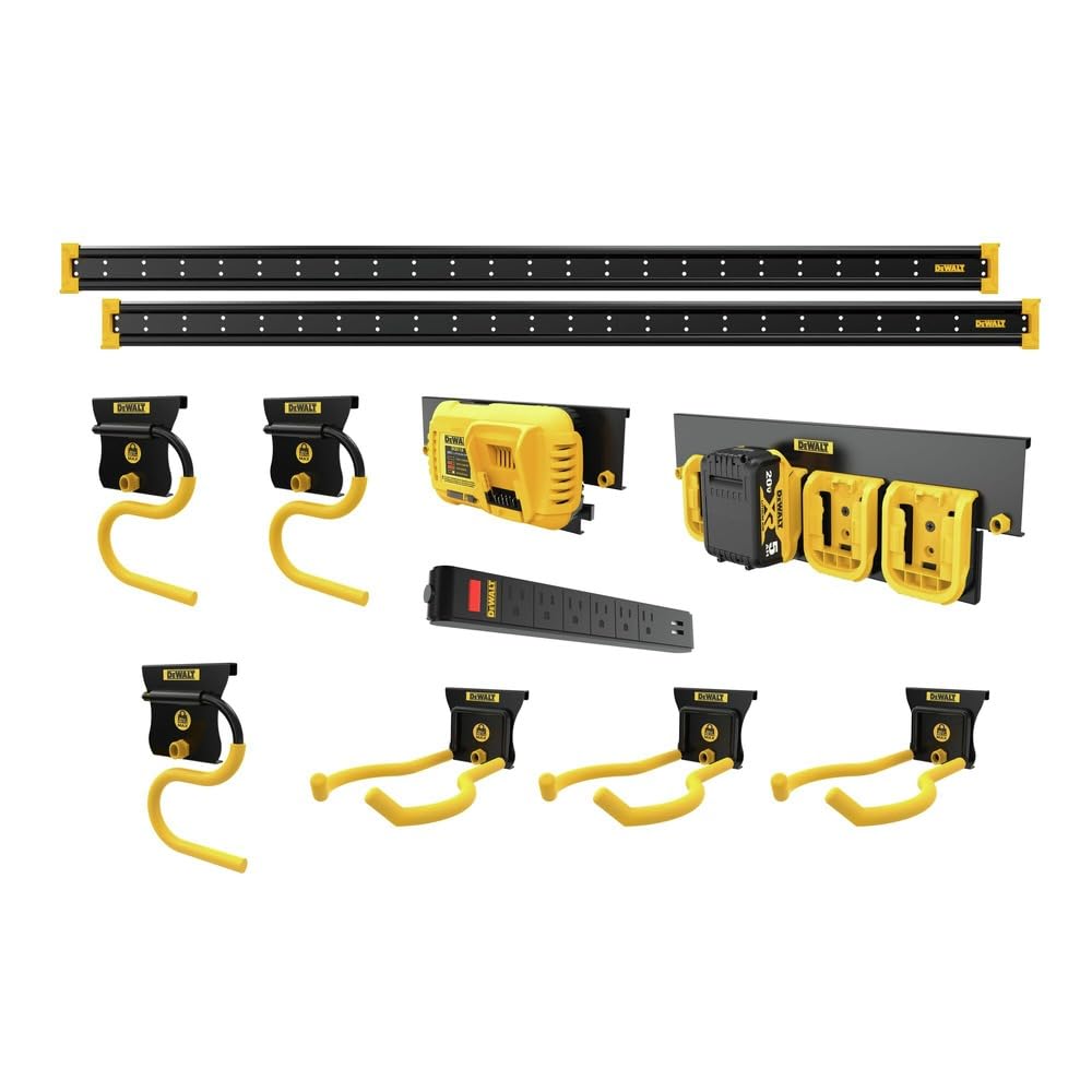 DEWALT Tool Organizer Wall Mount Kit - Heavy Duty Workshop Storage System with Hooks, 2 Metal Rails, Charger Mount & Magnetic Power Strip | Perfect for Lawn & Garden Tools, Power Tool Storage & Garage Organization (Model DWST82826)