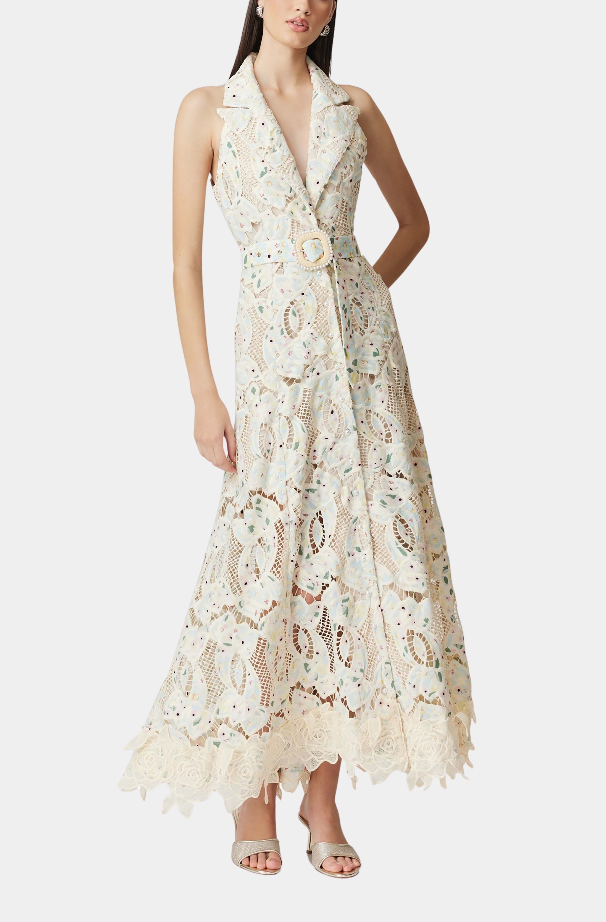 Chloe Beige Sleeveless Hollow Lace Maxi Dress for Women - Elegant Summer Beach Wedding Party Wear