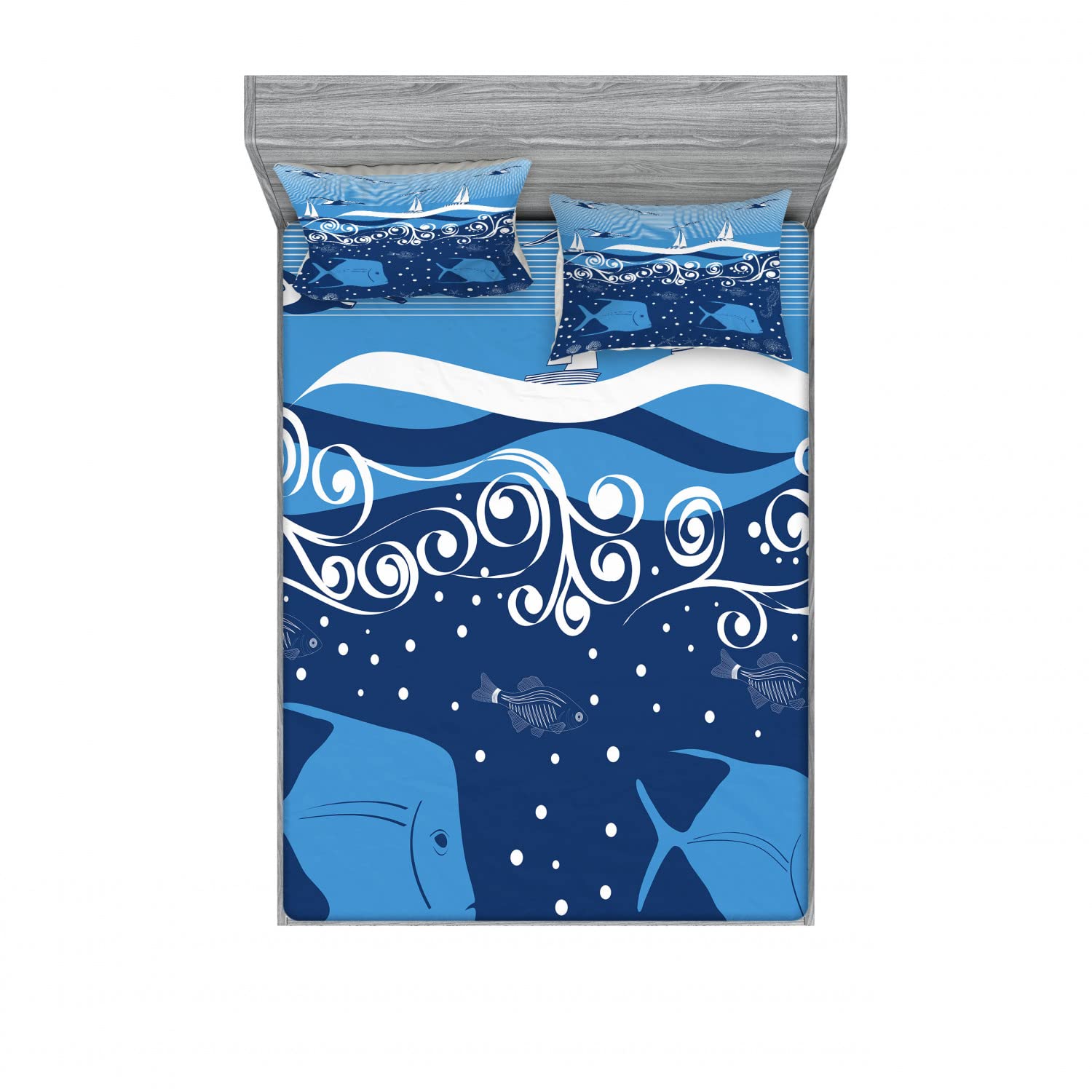 Ambesonne 4-Piece Nautical Bedding Set - 2 Queen Fitted Sheets & 2 Pillow Shams, Underwater Ocean Theme with Sailboat Design in Blue & White | Perfect for Beach House Decor, Guest Room or Coastal Themed Bedroom
