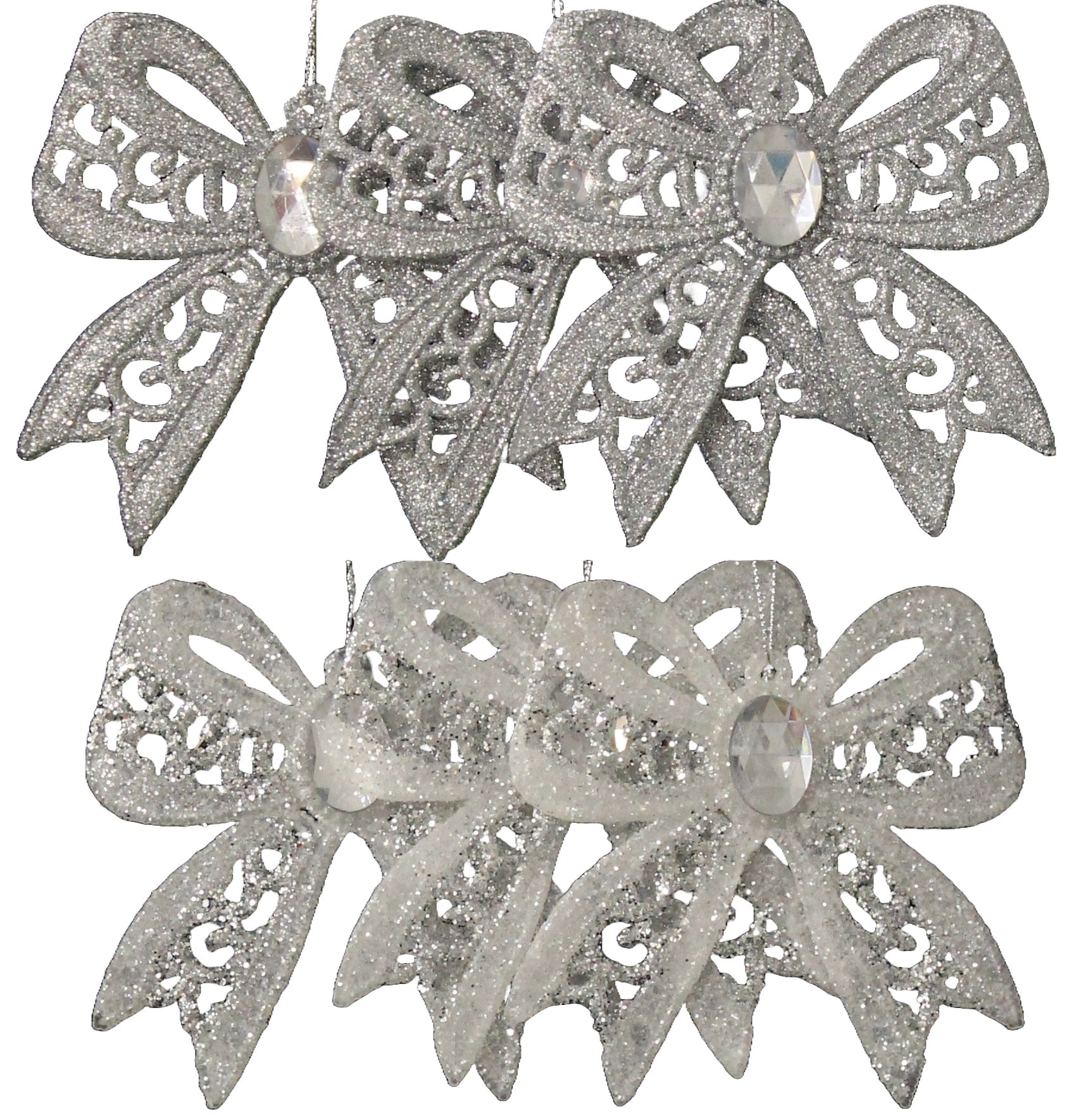 3 Pack Silver & White Glitter Bow Ornaments - Christmas Tree Decorations, Gift Wrapping, Party Favors & Home Decor Accessories