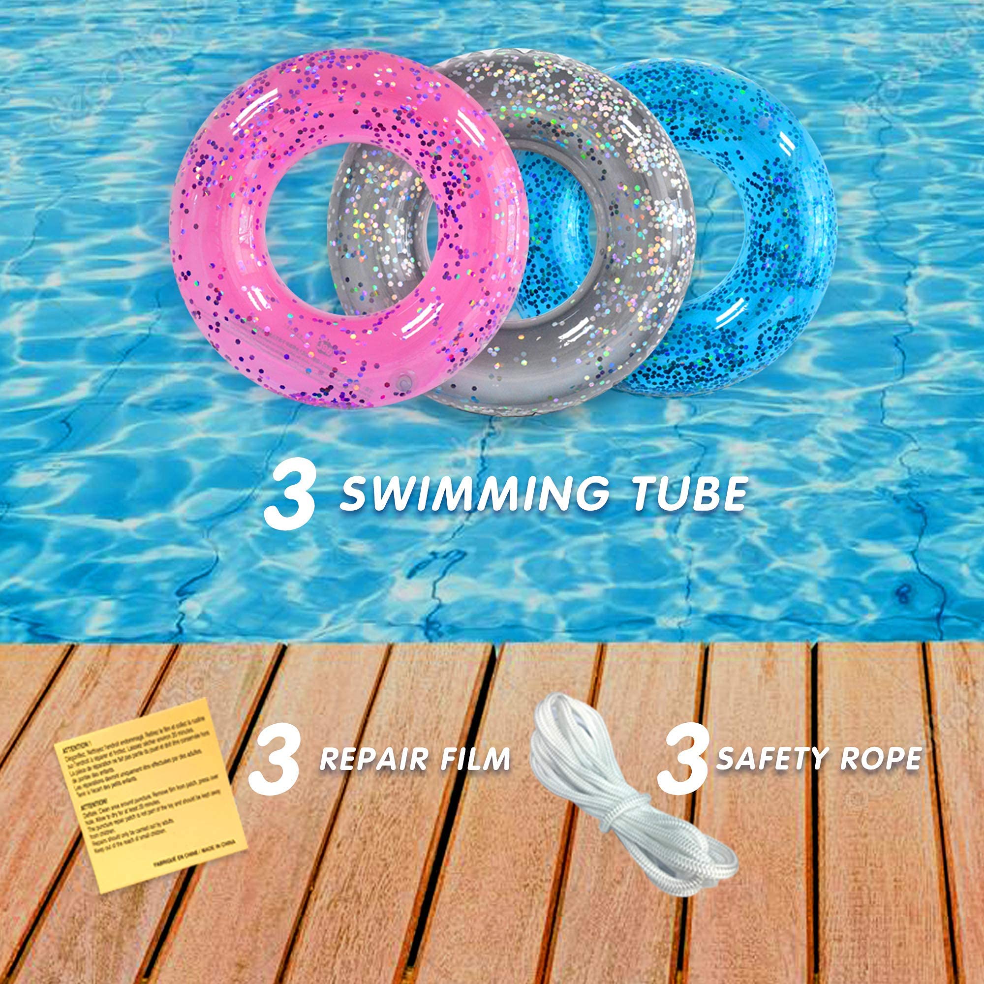 **3 Pack Kids Pool Floats - Inflatable Swim Rings & Pool Tubes Toys for Summer Fun, Beach & Pool Party Supplies with Patch & Tow Rope (Perfect for Swimming, Beach Trips & Pool Parties)**