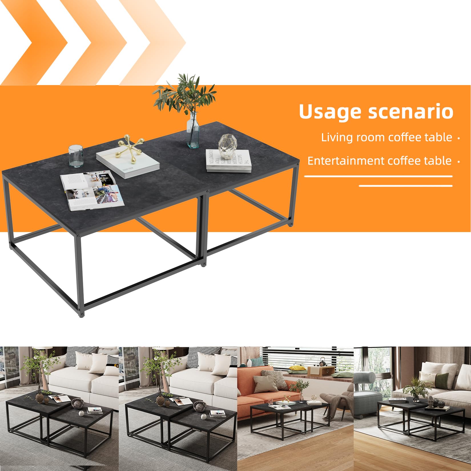 Wisfor 2-Piece Nesting Coffee Table Set with Sintered Stone Top & Metal Frame - Modern Black End Tables for Living Room, Small Space Furniture for Apartments & Dorms