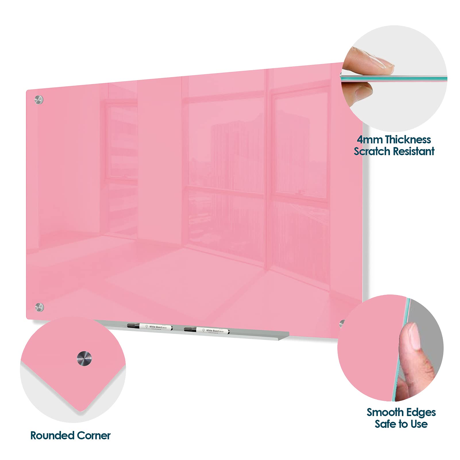 J&J Worldwide Magnetic Glass Whiteboard 47x35 Inch - Frameless Wall Mounted Dry Erase Board with Markers, Magnets & Eraser - Pink Surface Glass Whiteboard for Office, Home, School, Conference Room & Classroom Organization