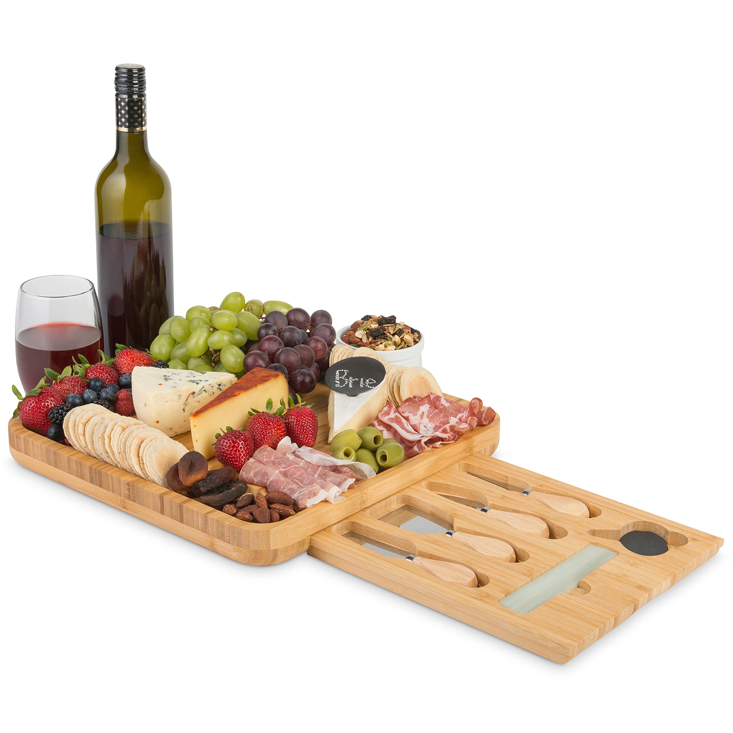 Premium Bamboo Cheese Board Set with Knives, Slate Labels & Chalk Marker - Elegant Charcuterie Platter for Entertaining | Perfect Gift for Wine Lovers, Bridal Showers & Weddings | Includes Drawer Storage & Travel Bag for Picnics & Parties