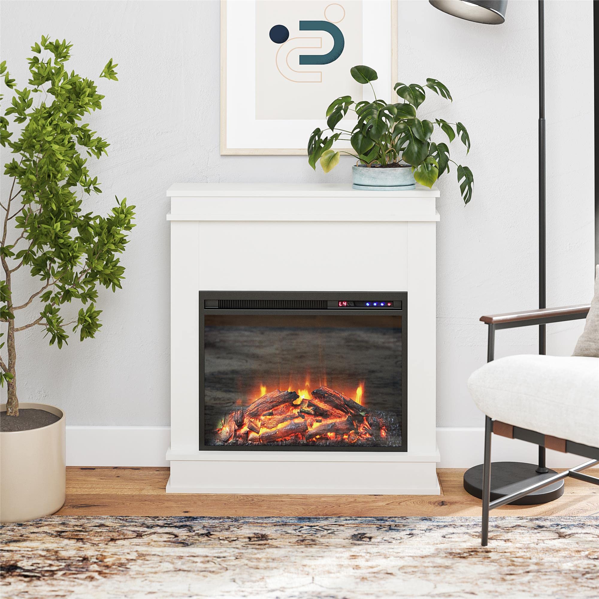 Ameriwood Home Mateo 30 Inch Electric Fireplace with Mantel - Freestanding Fireplace Heater with Remote Control, Timer, Realistic Log & Flame Effect - White - Perfect for Living Room, Bedroom & Office Warmth & Ambiance