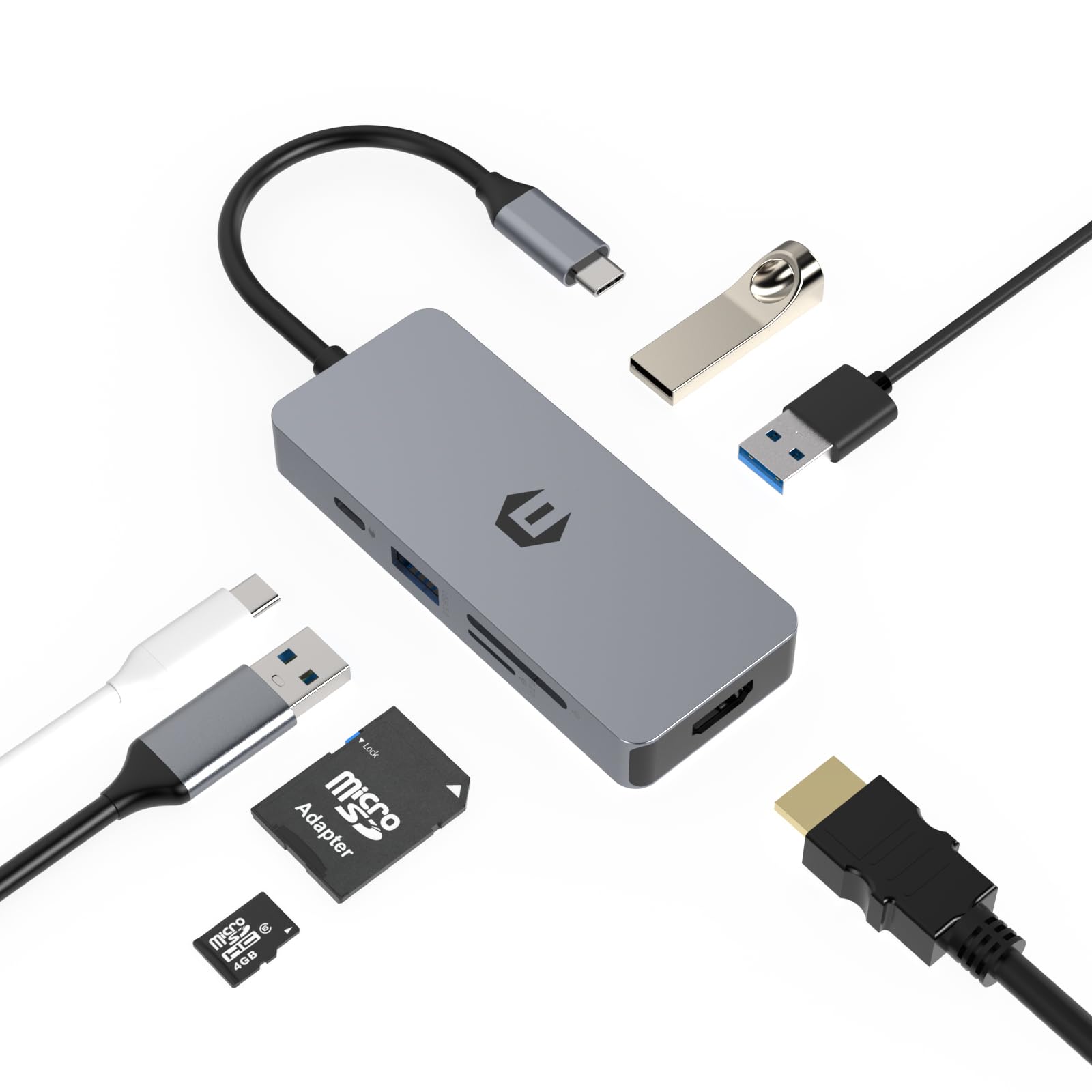 7-in-1 USB C Hub with HDMI, 100W PD Charging, 3 USB 3.0 Ports, SD/TF Card Reader - Multi-Port Adapter for MacBook, Dell, HP & More - Perfect for Home Office, Travel & Video Conferencing