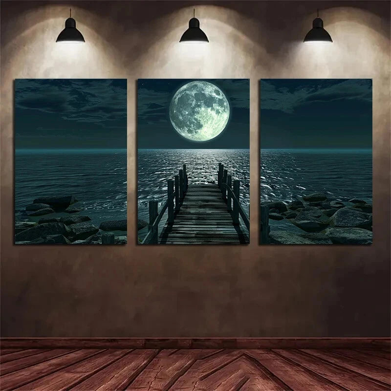 3-Piece Moonlit Night Scene Metal Wall Art - Ready to Hang Home Decor for Living Room, Bedroom & Office