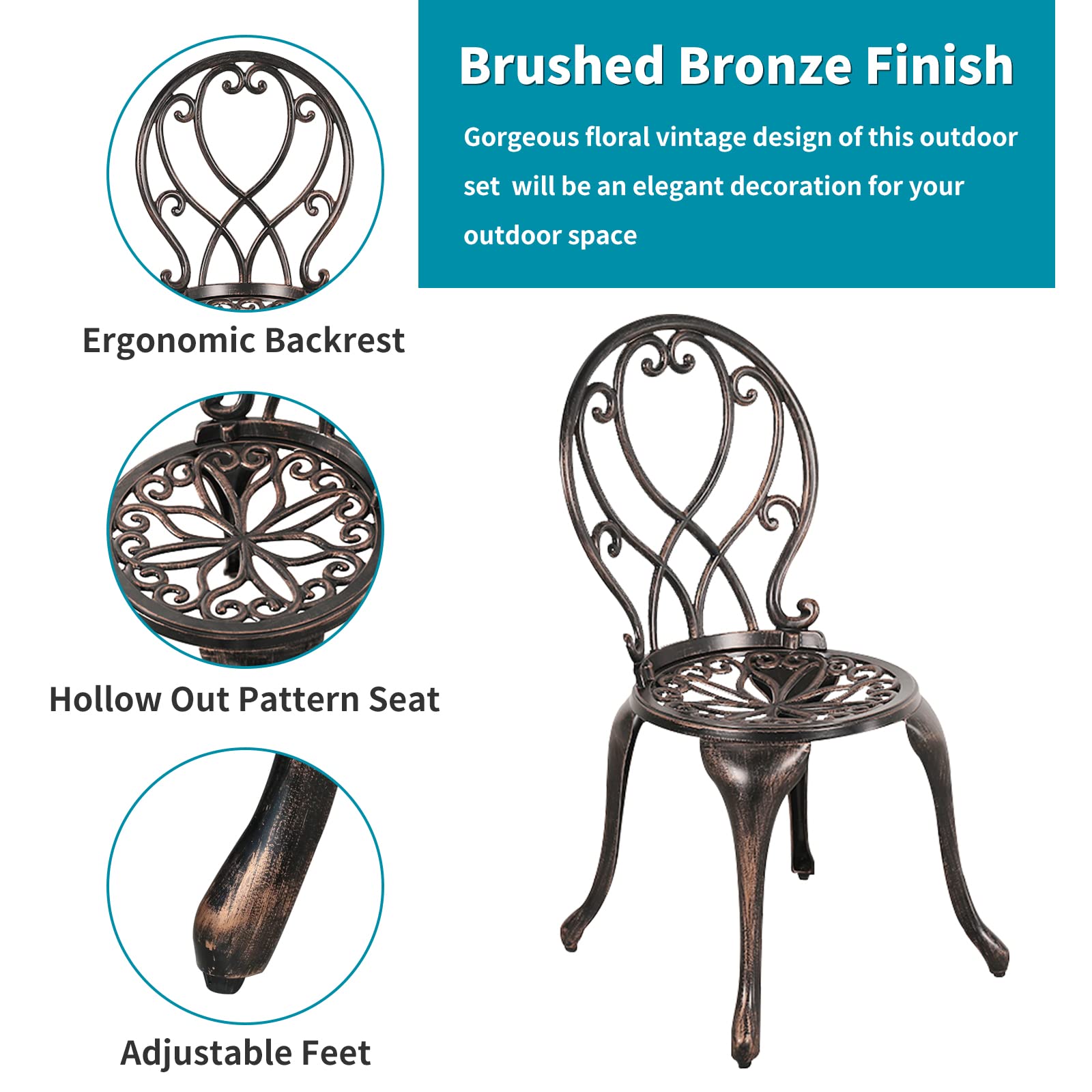 Verano Garden 3-Piece Outdoor Bistro Set - Durable Cast Aluminum Patio Table & Chairs with 2