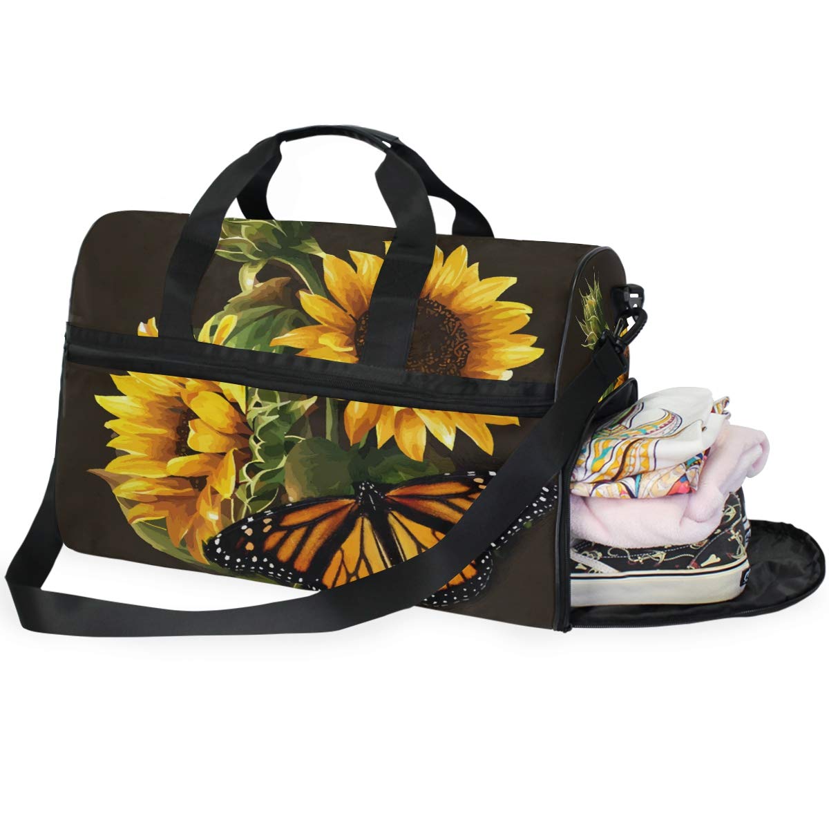 Sunflower Butterfly Travel Duffel Bag for Women & Men - Waterproof Gym Bag with Shoe Compartment - Sports, Overnight & Weekend Travel Bag - Perfect for Workouts, Yoga, Beach Trips & Short Getaways