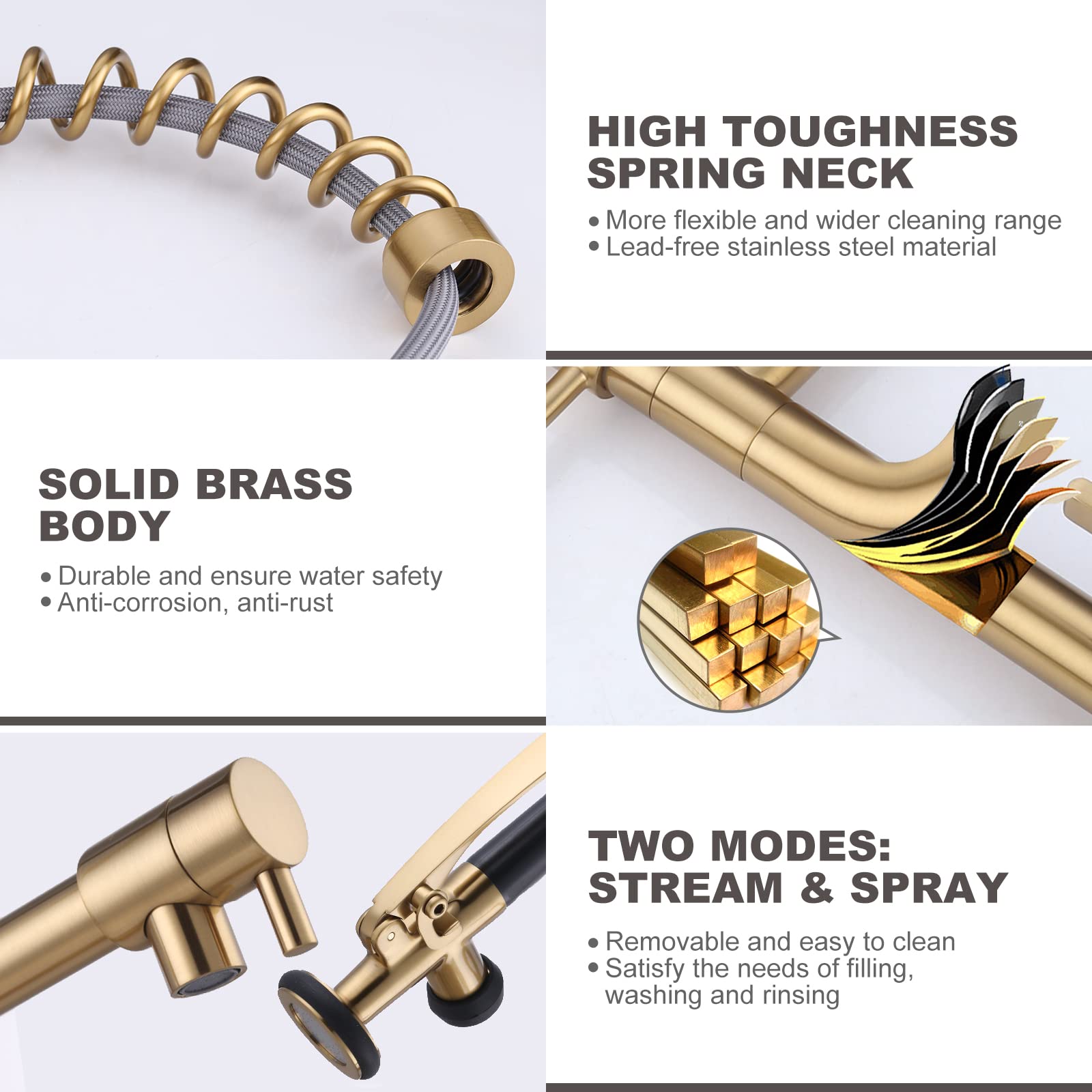 Commercial Grade Brushed Brass Kitchen Faucet with Pre-Rinse Sprayer - Heavy Duty Restaurant Sink Faucet for 1 or 3 Hole Installation (Includes Deck Plate) - Perfect for High-Traffic Kitchens, Outdoor Bars & Food Service Areas