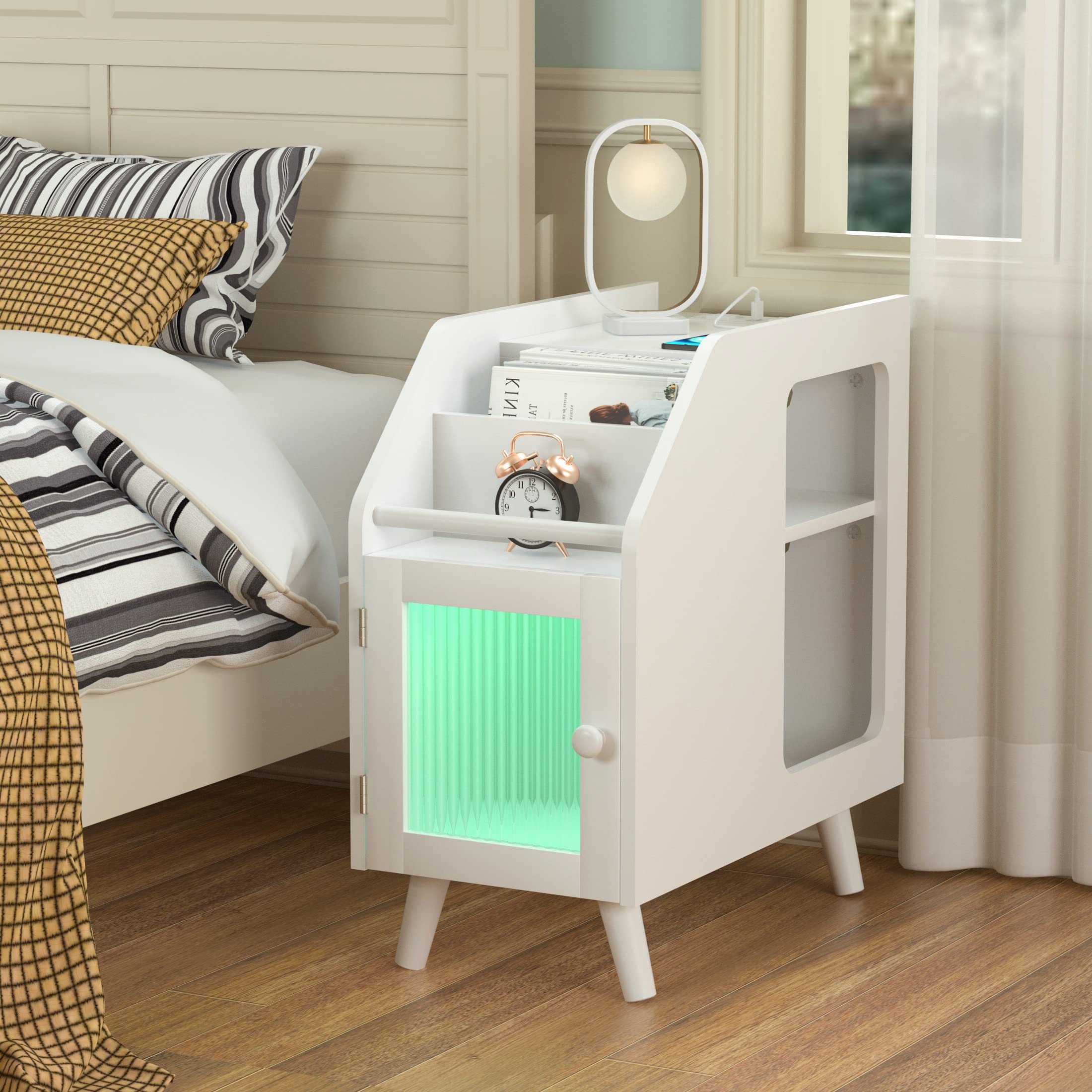 White Narrow Nightstand with Charging Station, USB Ports & Outlets - LED Light Bedside Table with Storage Cabinet for Small Spaces | Perfect for Bedroom, Living Room & Dorm Use