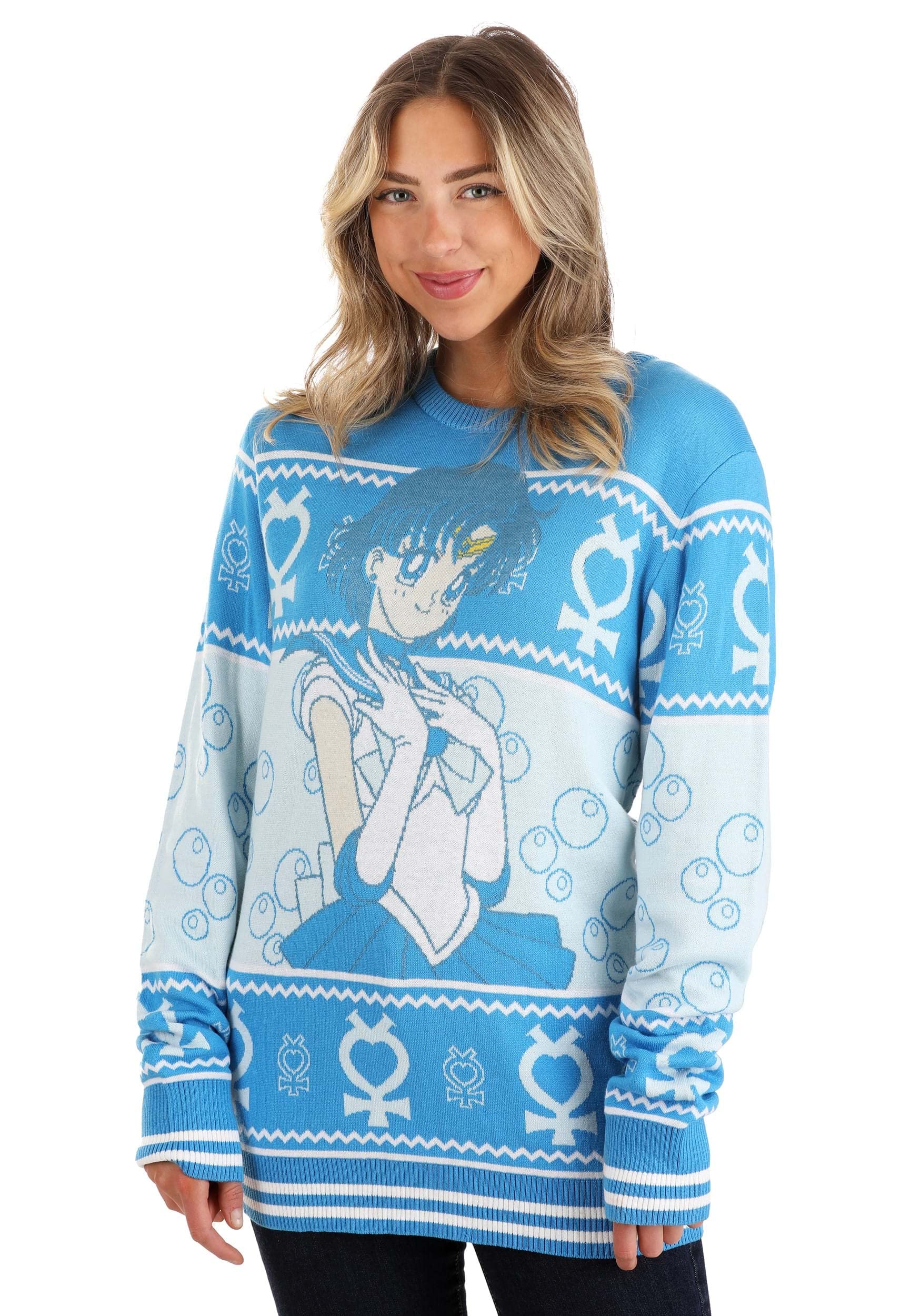 Adult Sailor Mercury Ugly Christmas Sweater | Japanese Anime Holiday Crewneck Sweatshirt | Festive Xmas Pullover for Cosplay, Anime Conventions & Holiday Parties