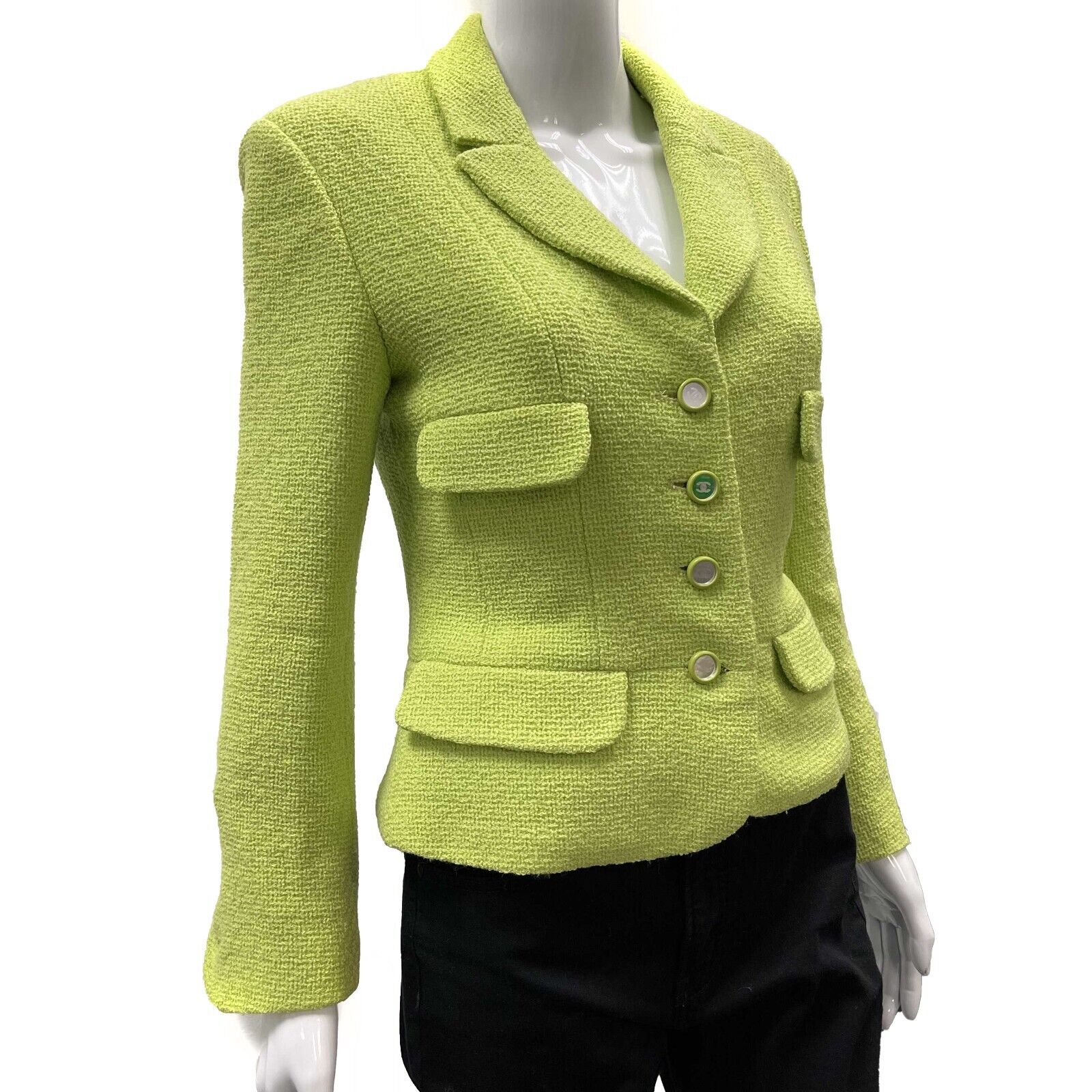 Vintage Chanel Lime Green Blazer with CC Buttons - Rare Excellent 95 Condition - US Size 4 | Luxury Women's Fashion for Parties, Weddings & Special Occasions