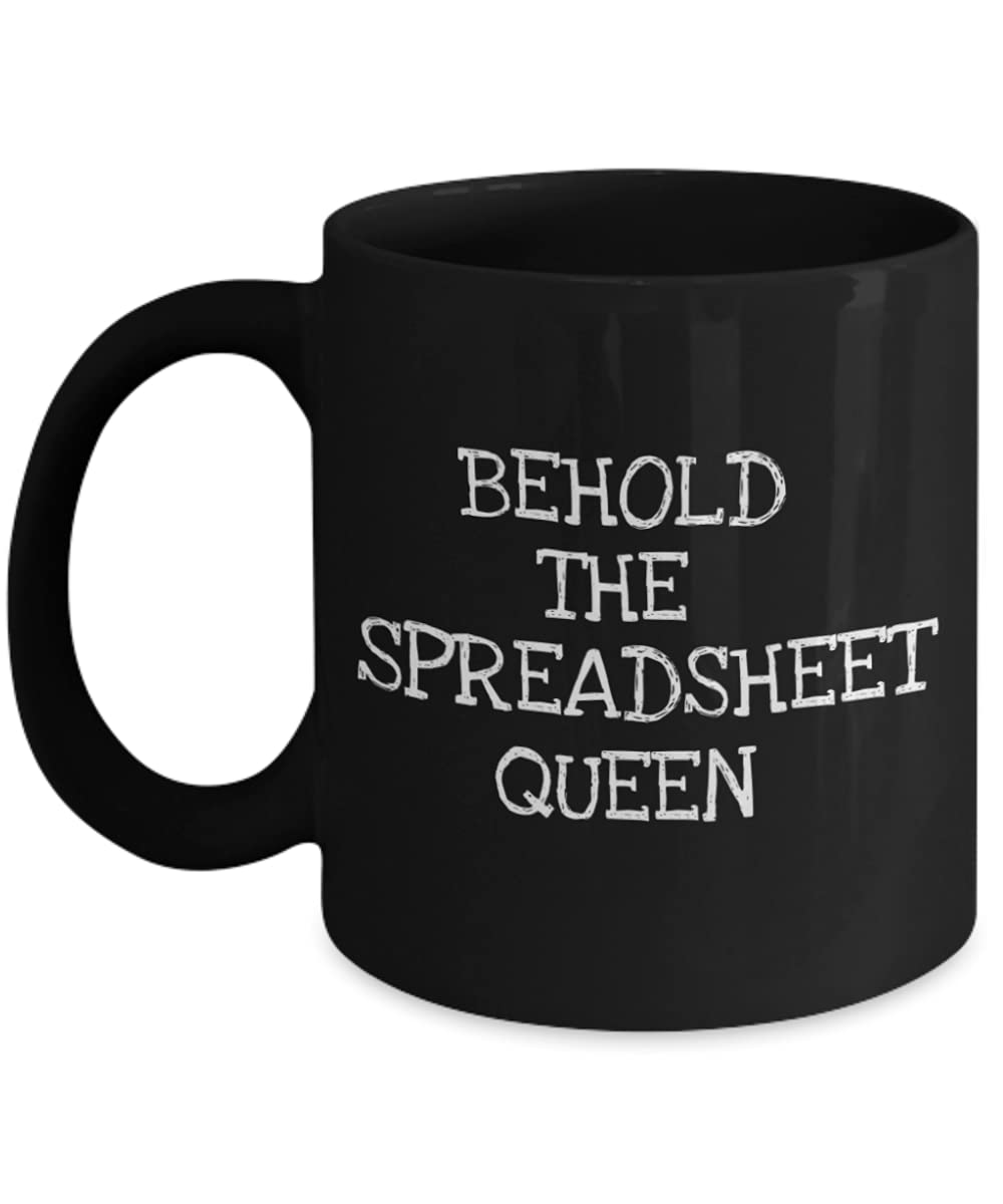 Zapbest Accountant Coffee Mug - 'Beholds The Spreadsheet Queen' Funny Quote 11oz Black Porcelain Cup - Perfect Office Gift for Accountants, Bookkeepers & Finance Professionals