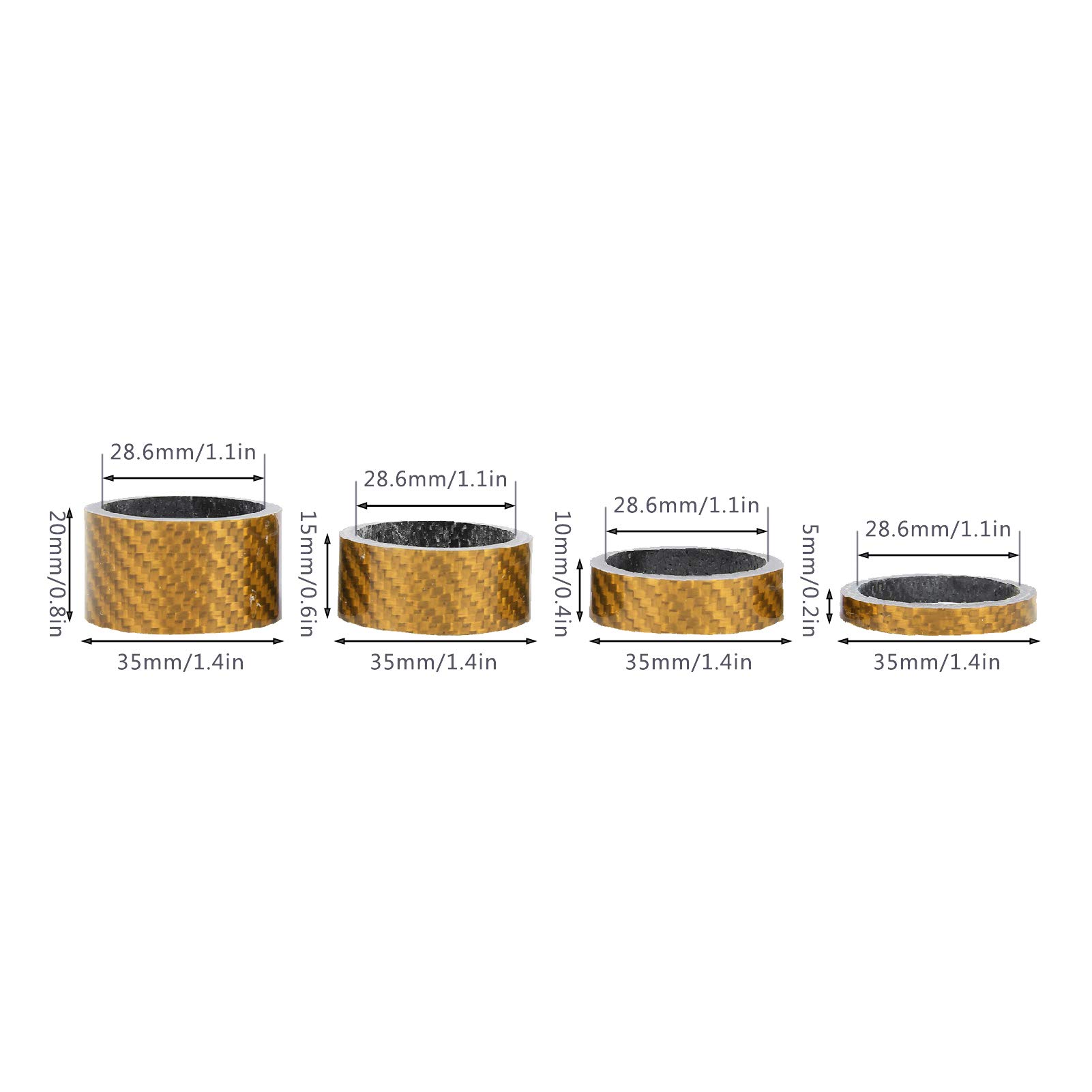 2-Pack Carbon Fiber Headset Spacer Kit - 5mm/10mm/15mm/20mm Gold Washers for Bicycle Fork - Perfect for MTB, Road & BMX Bike Upgrades