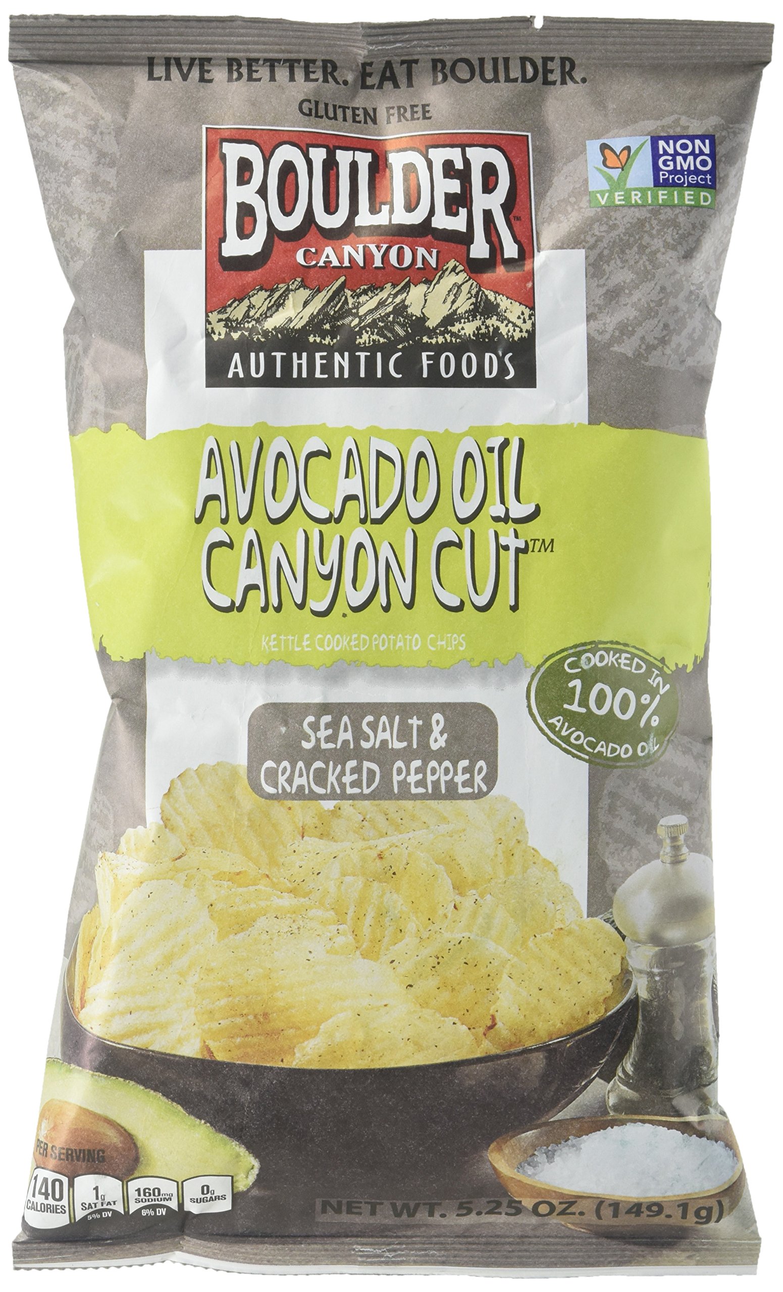 Boulder Canyon Avocado Oil Kettle Cooked Potato Chips - Sea Salt & Cracked Pepper, 5.25oz (Pack of 12) | Healthy Snack for Parties, Picnics & On-the-Go