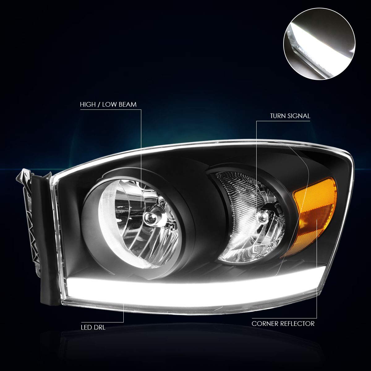PM PERFORMOTOR LED DRL Headlight Assembly for 2006-2009 Dodge Ram Pickup - Black Housing with Amber Corner | High-Performance Replacement Headlamps for Night Driving & Off-Road Use