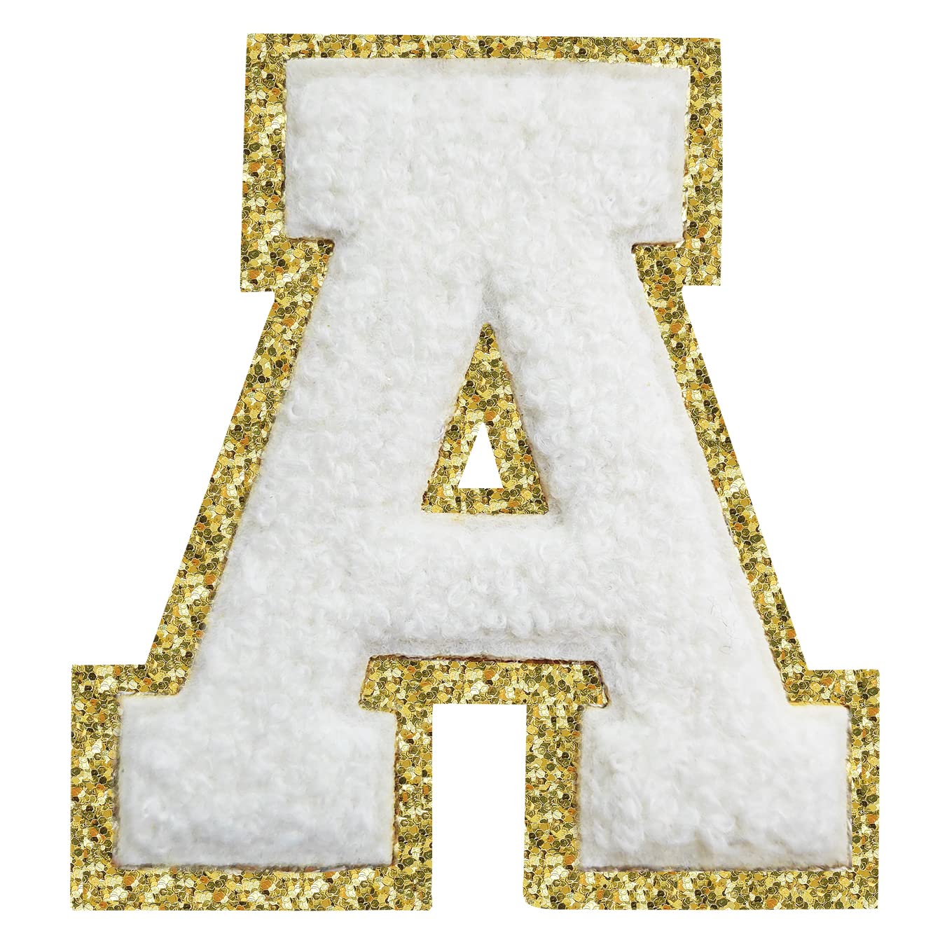 3Pcs Iron-On Chenille Letter Patches for Jackets - 3.2 Inch Varsity Letters, Glitter Letterman Patches in White - Perfect for Customizing Denim Jackets, Backpacks, and School Spirit Wear