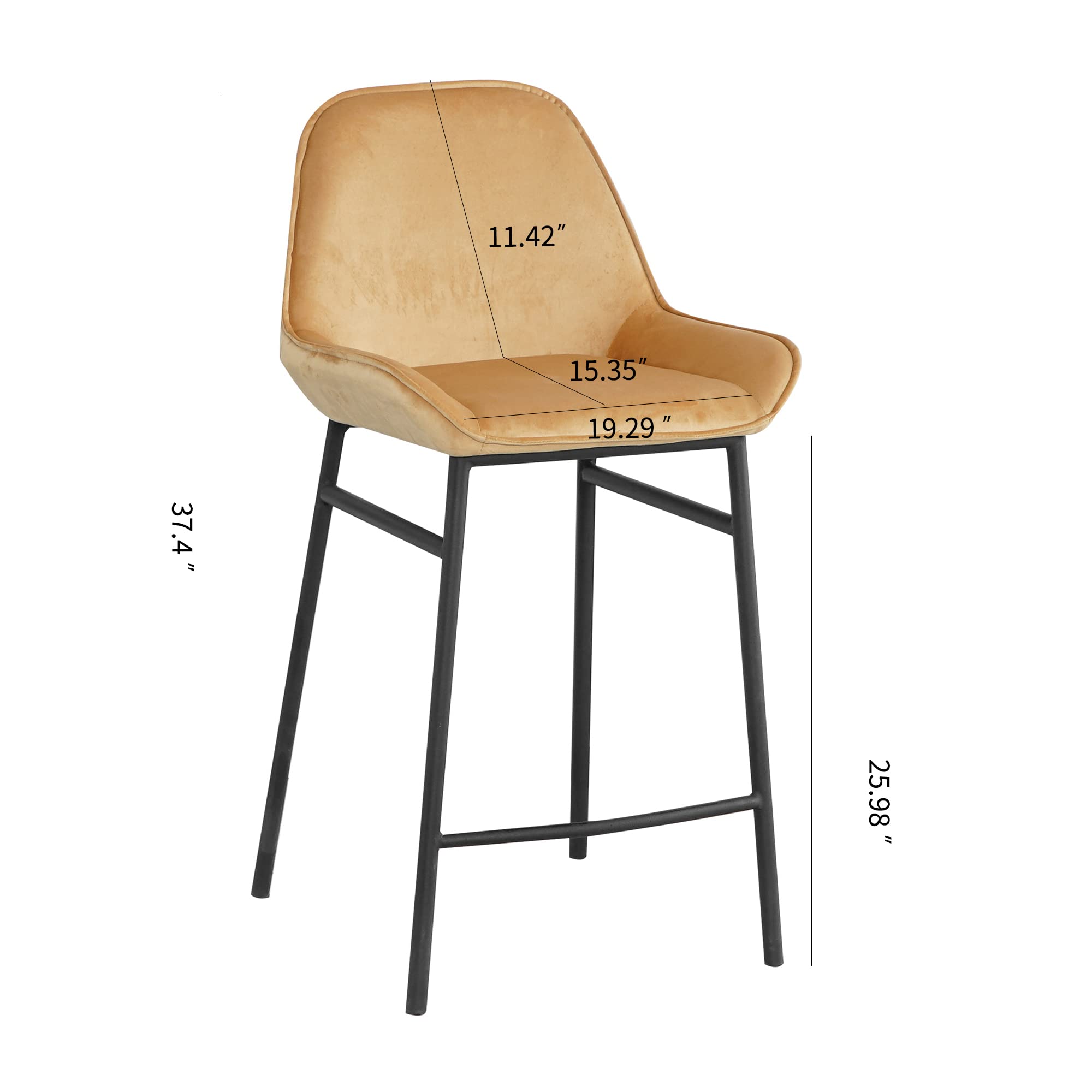 Modern Velvet Counter Height Bar Stools Set of 2 with Backrest & Footrest - Armless Upholstered Barstools for Kitchen Island, Breakfast Bar & Dining Table - Comfortable Seating for Home, Cafe & Restaurant (C-Yellow)