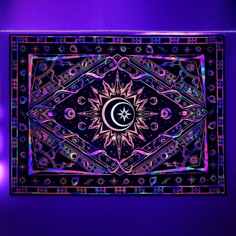 Sun Moon Official Glow Tapestry UV Art Decor - Glowing Wall Hanging for Bedroom, Dorm, or Festival Decorations