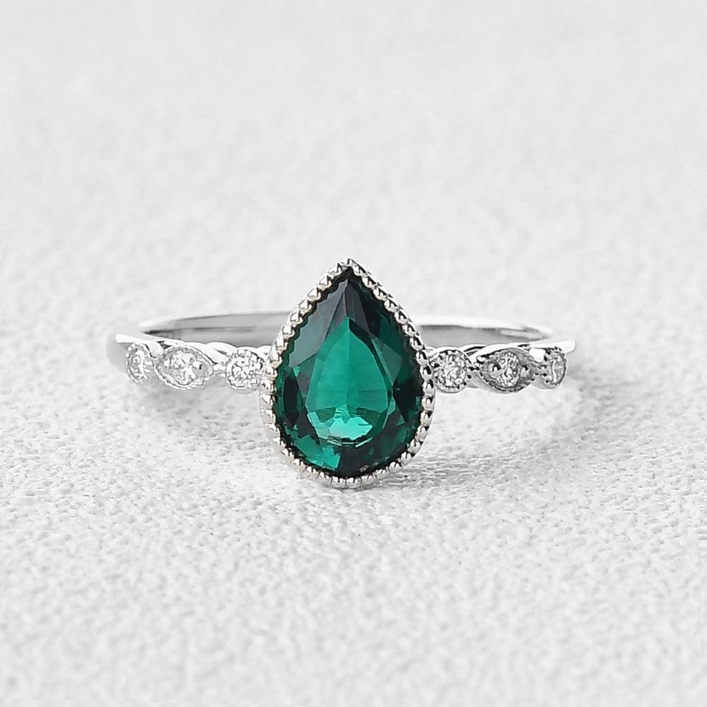 1.5 Carat Pear Cut Emerald Vintage Milgrain Bezel Ring - Elegant Antique Style Jewelry for Weddings, Anniversaries & Special Occasions