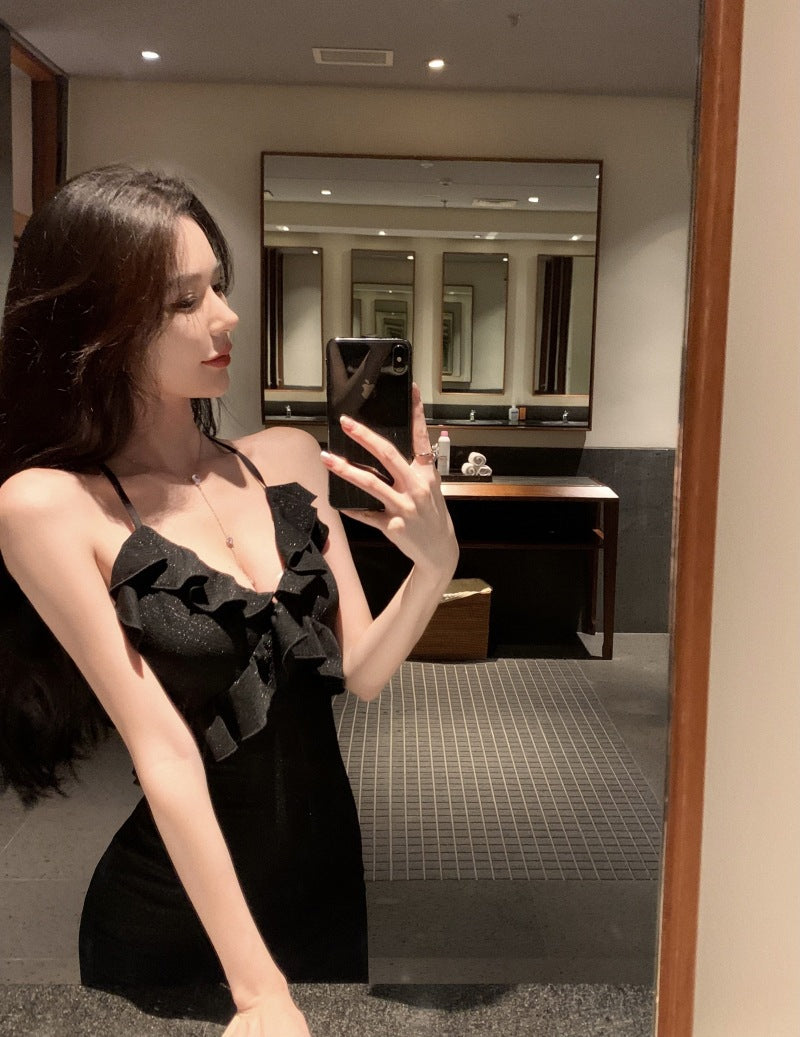 Elegant Black V-Neck Halter Mermaid Dress - French Retro Backless Long Evening Gown for Women | Perfect for Cocktail Parties, Weddings & Formal Events