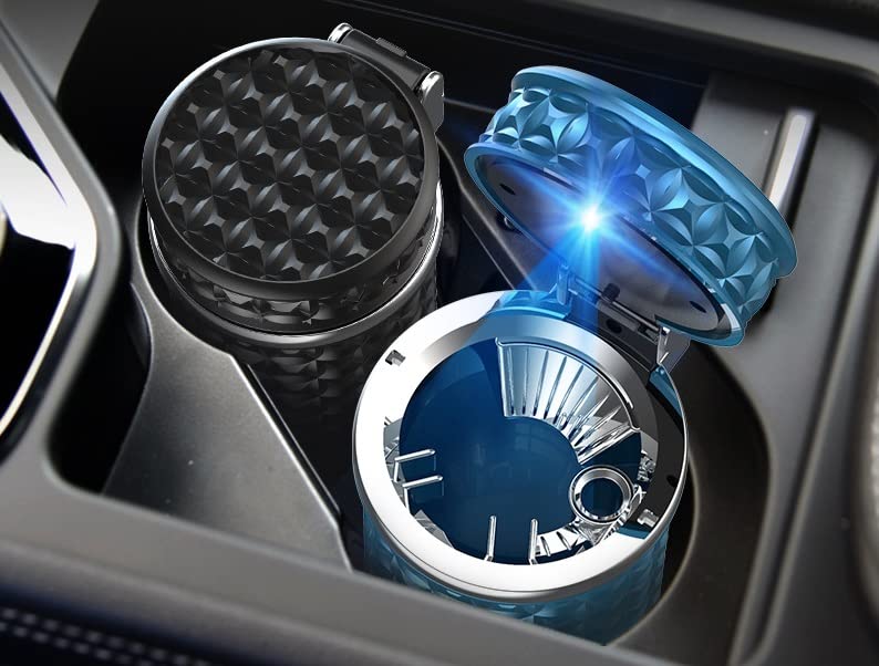 Portable Car Ashtray with Lid - Mini LED Light Car Trash Can for Cigarettes, Home & Office Use - Leakproof & Odor Control - Perfect for Road Trips, Commuting & Smoking Areas (Dark Blue)