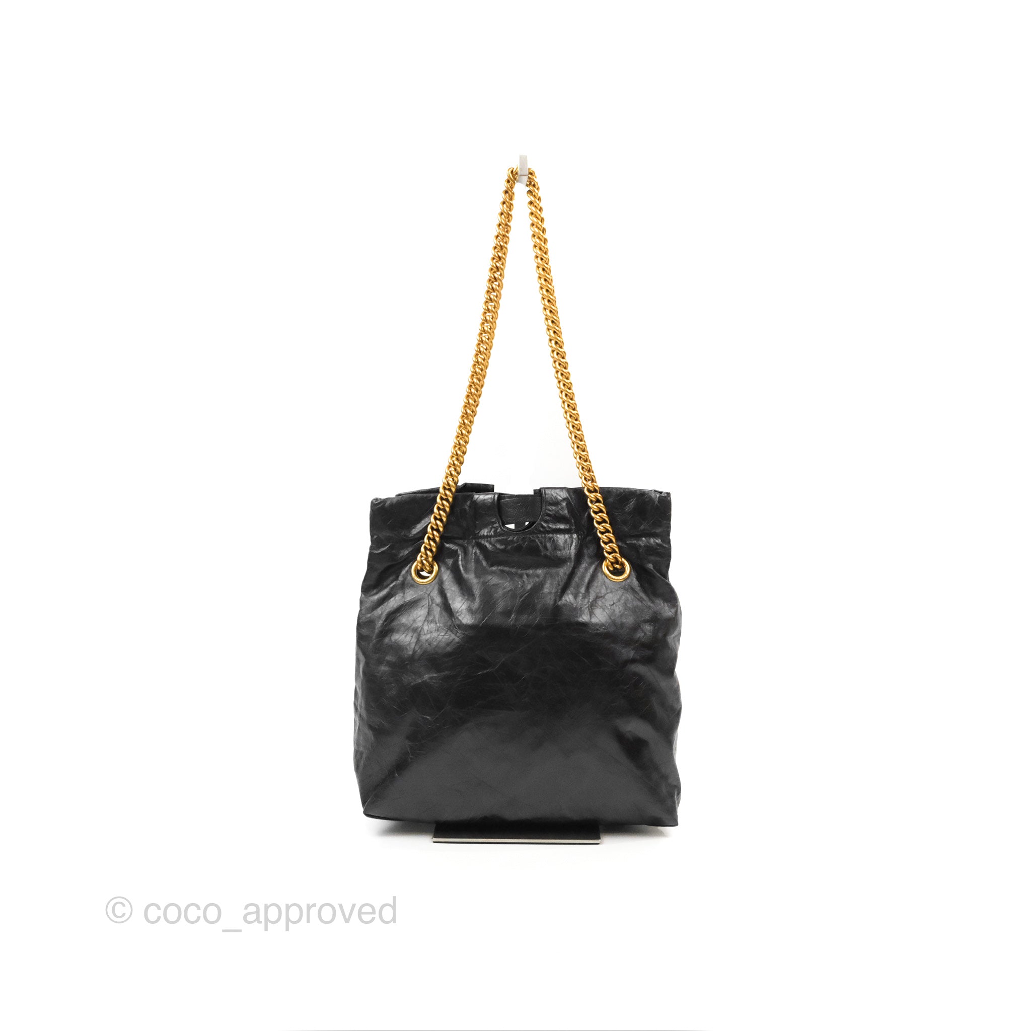 Balenciaga Small Crush Tote Bag in Black Calfskin with Aged Gold Hardware - Stylish Designer Handbag for Women, Perfect for Work, Travel & Everyday Use