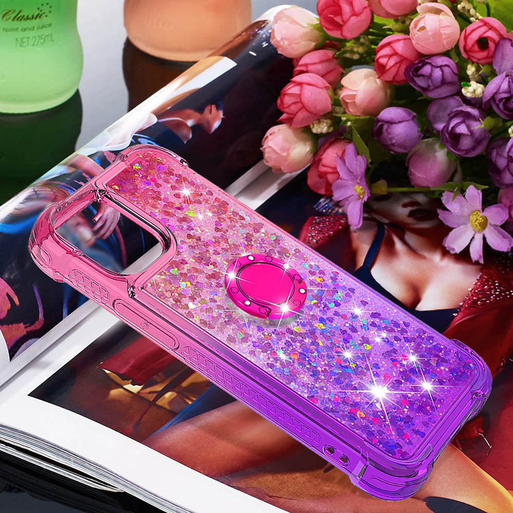 Gradient Quicksand Glitter Bling Floating Ring Kickstand Case for iPhone 13 Pro Max - Shockproof TPU Bumper with Reinforced Corners, Pink-Purple (Perfect for Women, Everyday Use & Travel Protection)