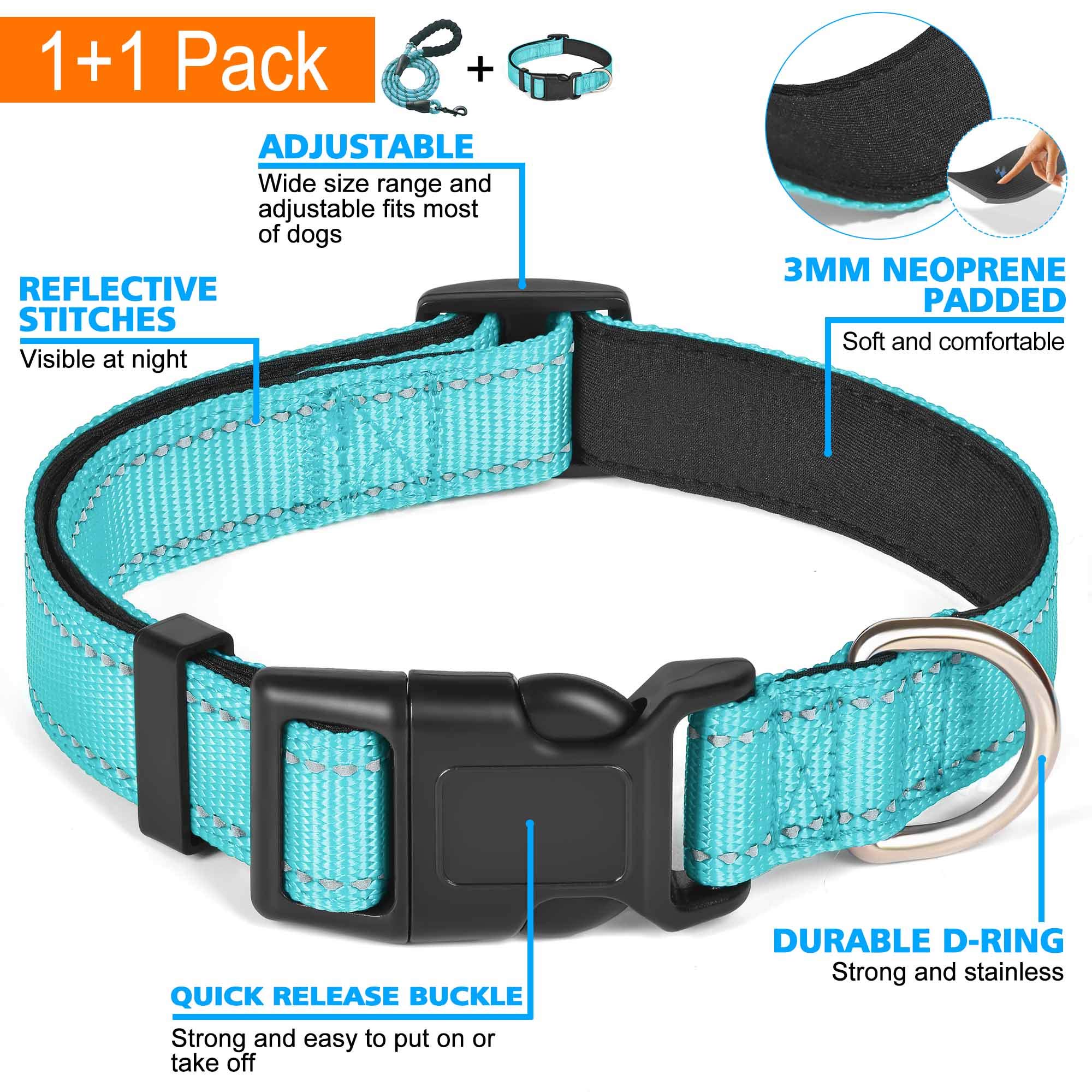 Reflective Padded Dog Collar with Soft Neoprene - Adjustable Nylon Pet Collar for Small, Medium & Large Dogs - Blue Collar with Leash Included (Pack of 1) - Perfect for Night Walks, Jogging & Outdoor Adventures