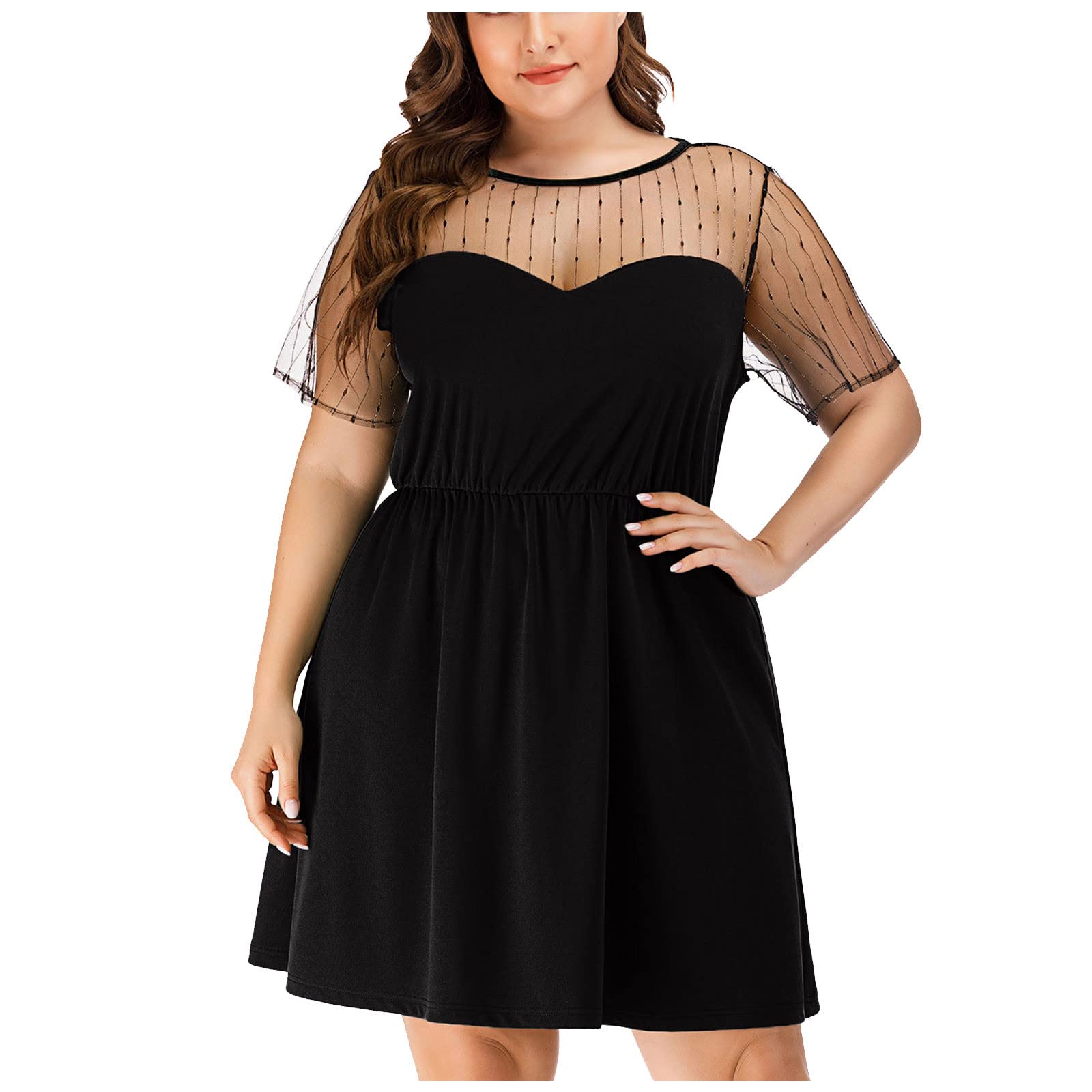 Plus Size Women's Fit & Flare Mini Dress with Regular Sleeves - Summer Swing Dress with Pleated Contrast Lace for Party, Cocktail & Special Occasions | Flattering A-Line Silhouette for Casual Outings & Date Nights
