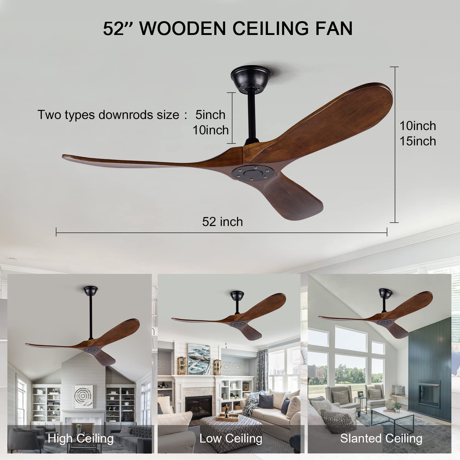 52 Inch BOJUE Wood Ceiling Fan No Light with Remote - 6 Speed Quiet DC Motor, Deep Walnut Blades - Perfect for Living Room, Bedroom, Patio, Porch & Outdoor Spaces