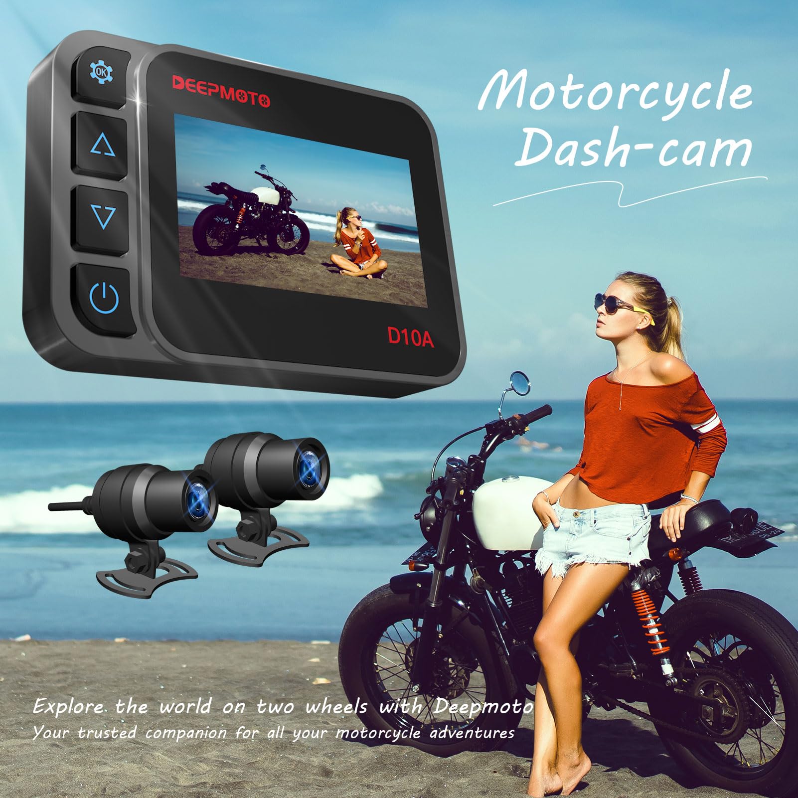 DeepMoto D10A 1080P Dual HD Motorcycle Dash Cam - Waterproof Riding Camera with 3