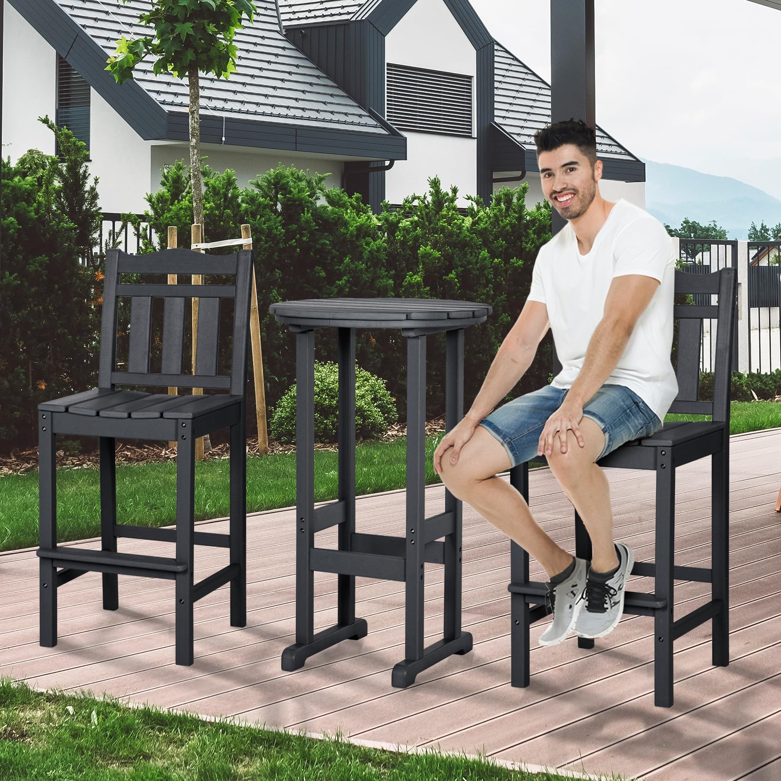 Premium HDPE Outdoor Bar Chairs and Table Set - 3-Piece Adirondack Style Balcony Furniture for Garden, Yard, Backyard - Weather-Resistant Patio Bar Stools Set for Outdoor Entertaining & Relaxation