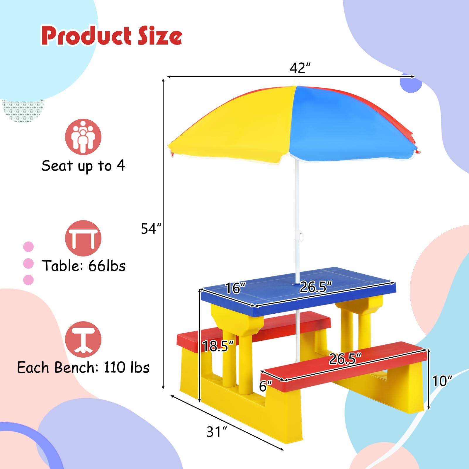 MAT EXPERT Kids Picnic Table Set - Foldable Plastic Toddler Table & Chairs with Adjustable Umbrella | Outdoor Children's Furniture for Garden, Backyard, Patio | Perfect for Playdates, Birthday Parties & Family BBQs (Multi-Color)