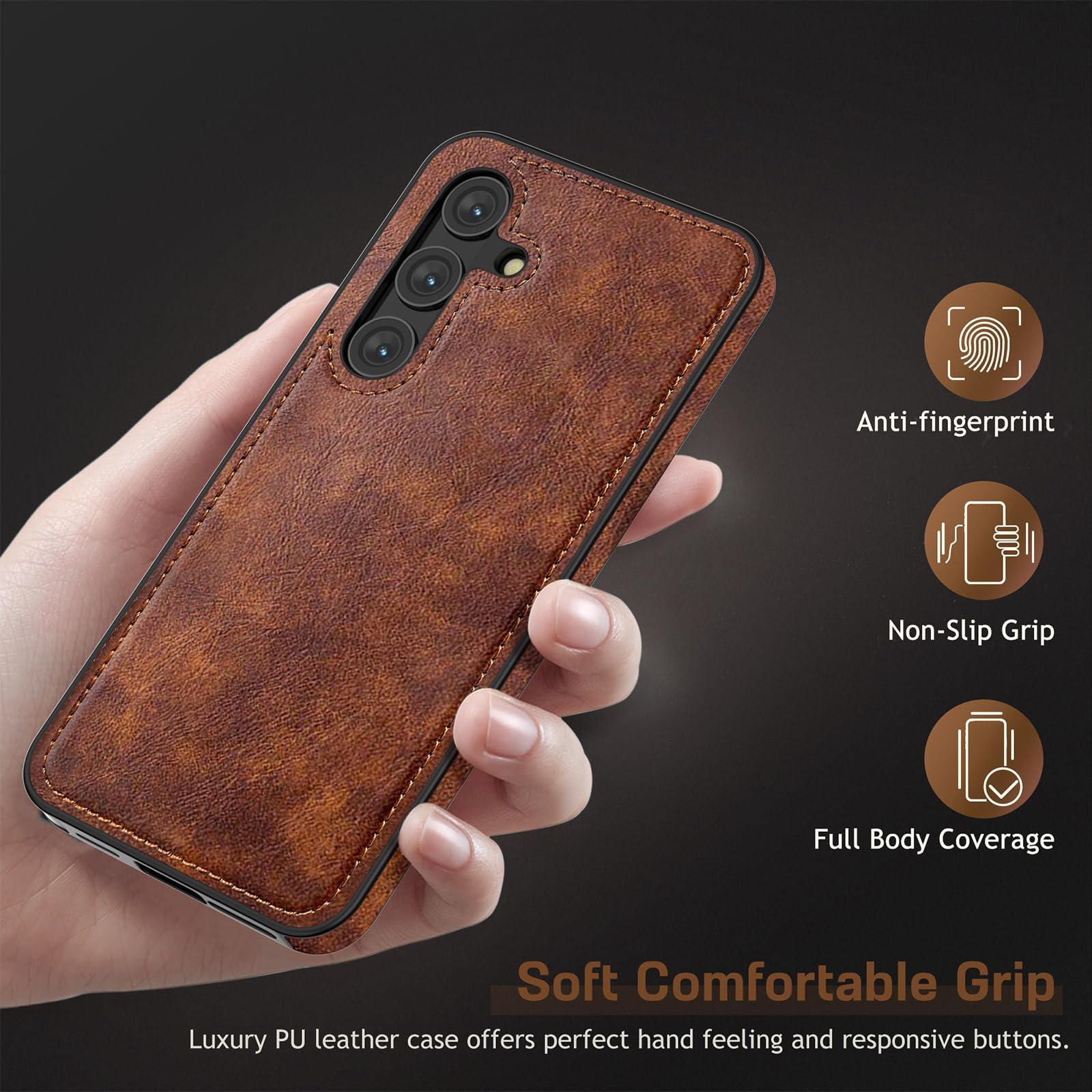 Premium Leather Luxury Business PU Case for Samsung Galaxy S24+ Plus 5G (6.7 inch 2024) - Shockproof Non-Slip Grip Full Body Protective Cover - Brown - Perfect for Office, Travel & Daily Use