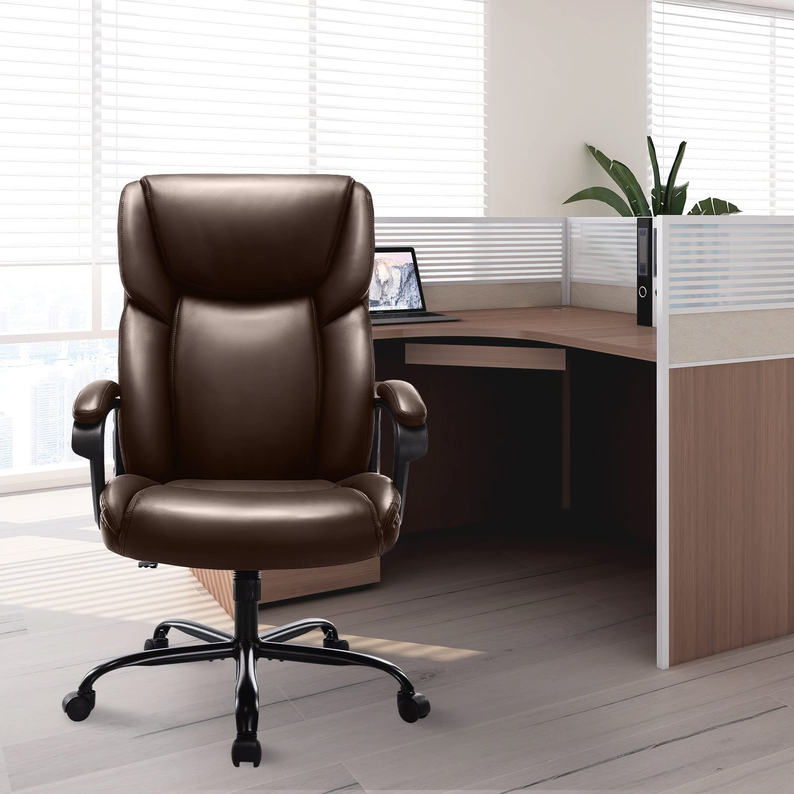 Ergonomic High Back Executive Office Chair - Adjustable PU Leather Managerial Swivel Task Chair with Lumbar Support for Home & Office Use, Brown - Perfect for Long Work Hours, Video Conferencing and Computer Workstations