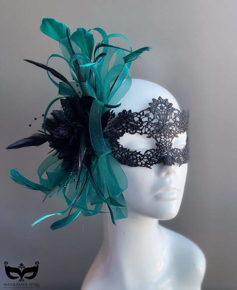 Elegant Lace & Tulle Green Teal Feather Hair Accessories for Weddings, Parties & Special Occasions