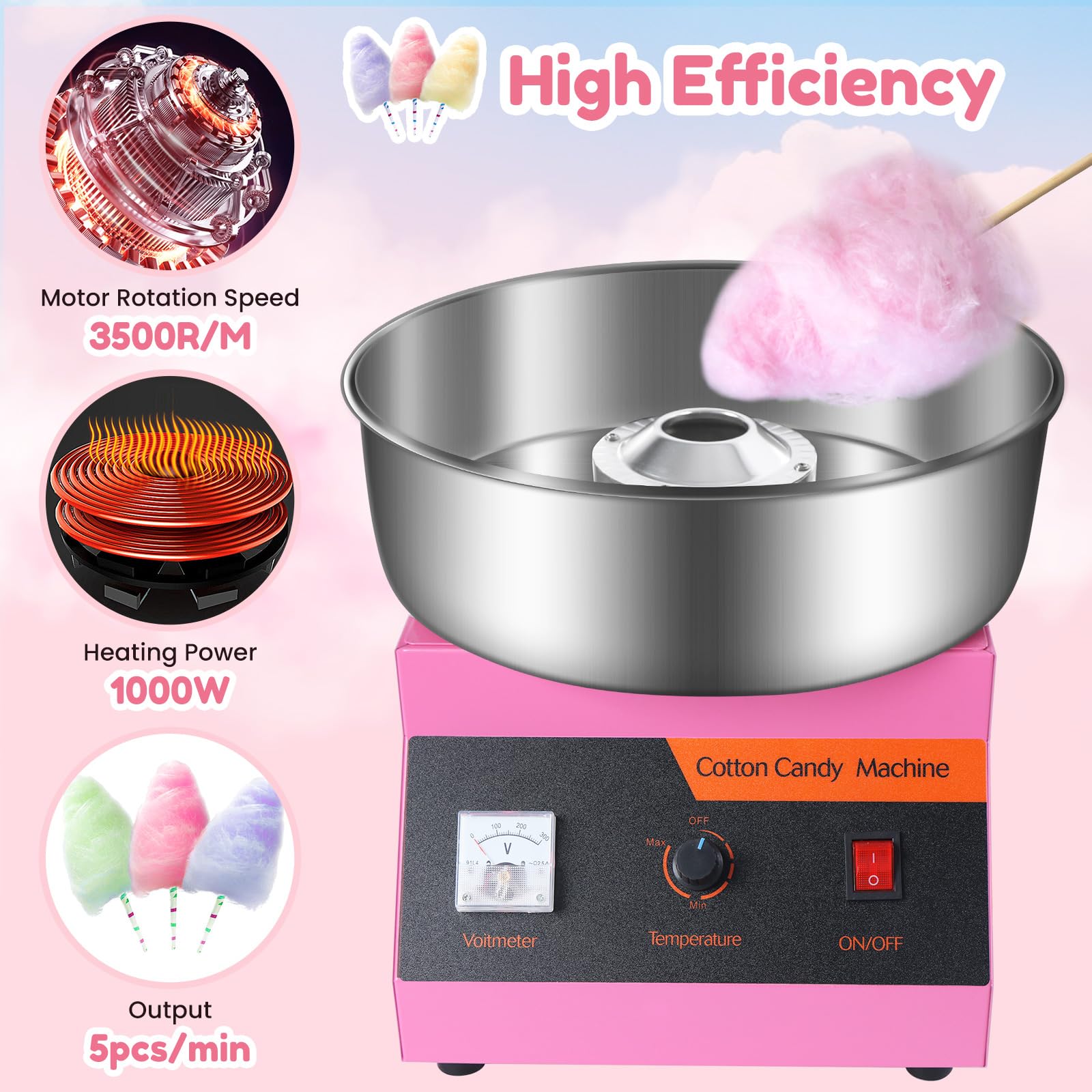 Commercial Cotton Candy Machine 1000W - Stainless Steel Bowl & Sugar Scoop - Easy & Safe Cotton Candy Maker for Kids, Home, Party, Birthday, Festival - Perfect for Carnival, Fair, and Event Concessions