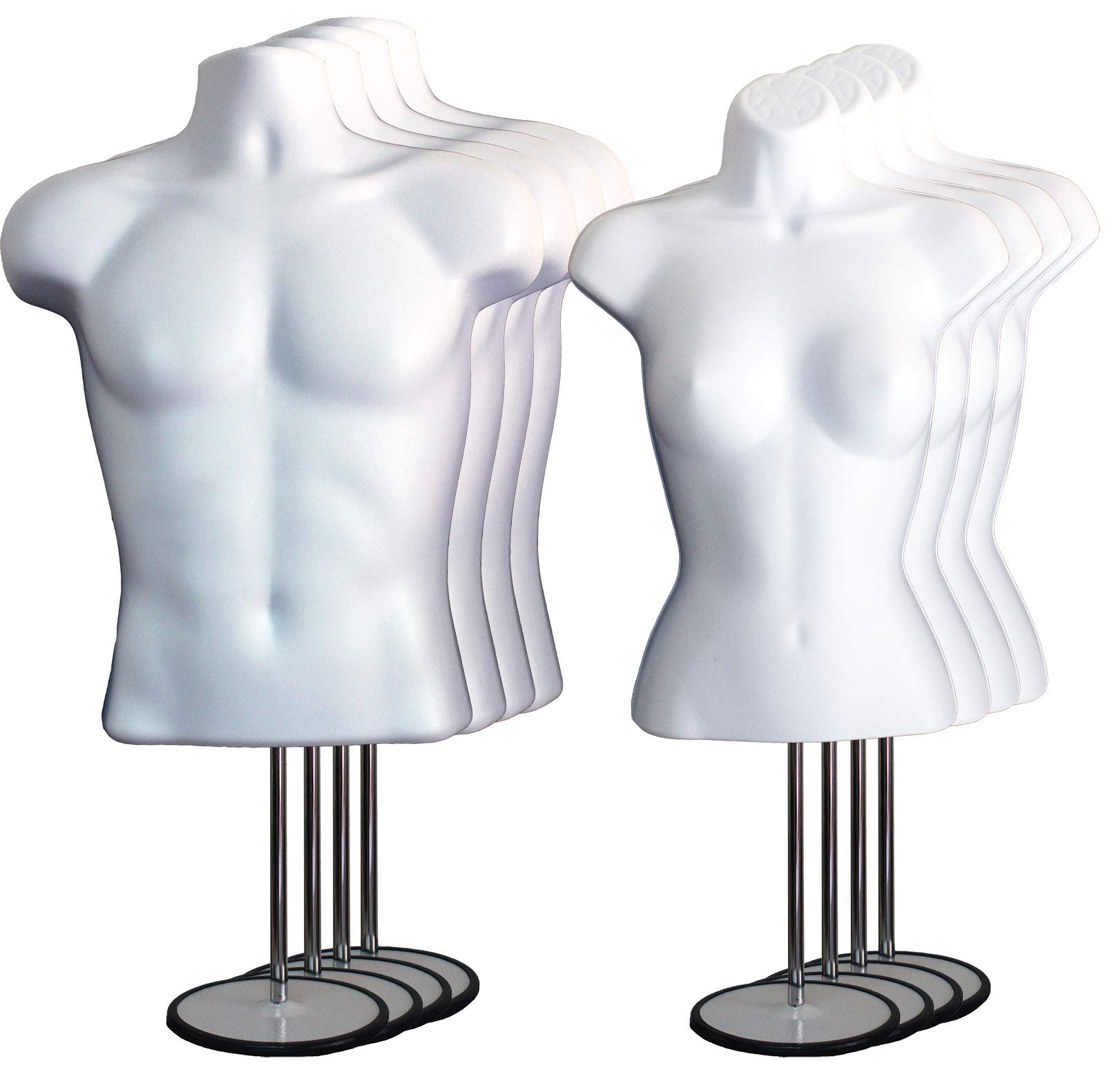 White & Black Male & Female Hollow Back Mannequin Torso Set with Adjustable Metal Stand - Small & Medium Sizes (3-Pack) for Clothing Display, Photography, and Retail Store Visual Merchandising